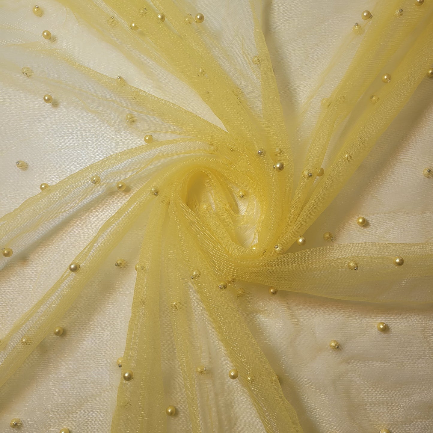 Yellow Pearl Beaded Soft Tulle Mesh Fabric Embellished Net Material 58" Wide By The Meter