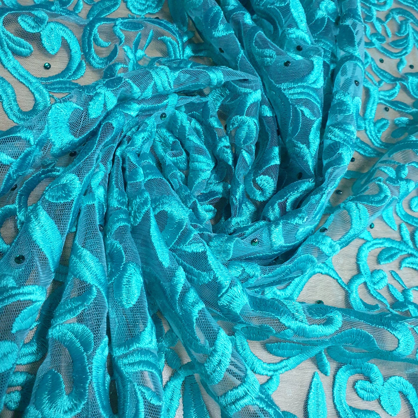 Jade Premium Mesh Net Material Floral Diamante Thread Embroidery Dress Craft Fabric 58" By The Meter