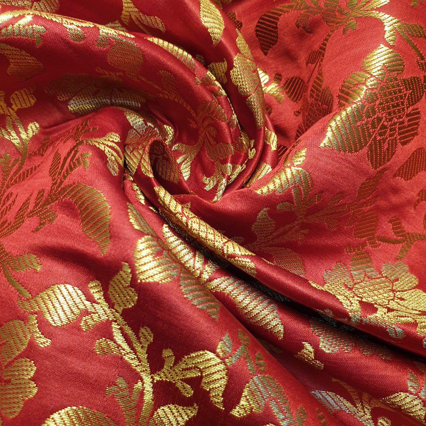 Red Banarasi Brocade Fabric with Gold Zari Floral Design | Premium Indian Jacquard Material By Meter 44"