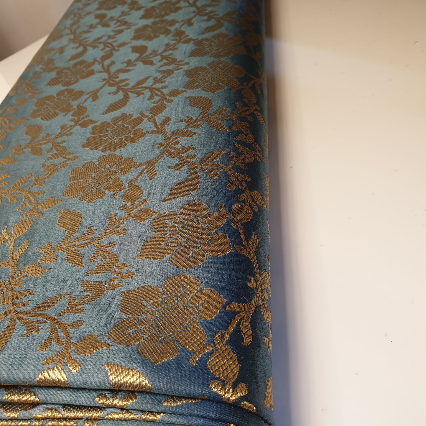 Duck Egg Banarasi Brocade Fabric with Gold Zari Floral Design | Premium Indian Jacquard Material By Meter 44"