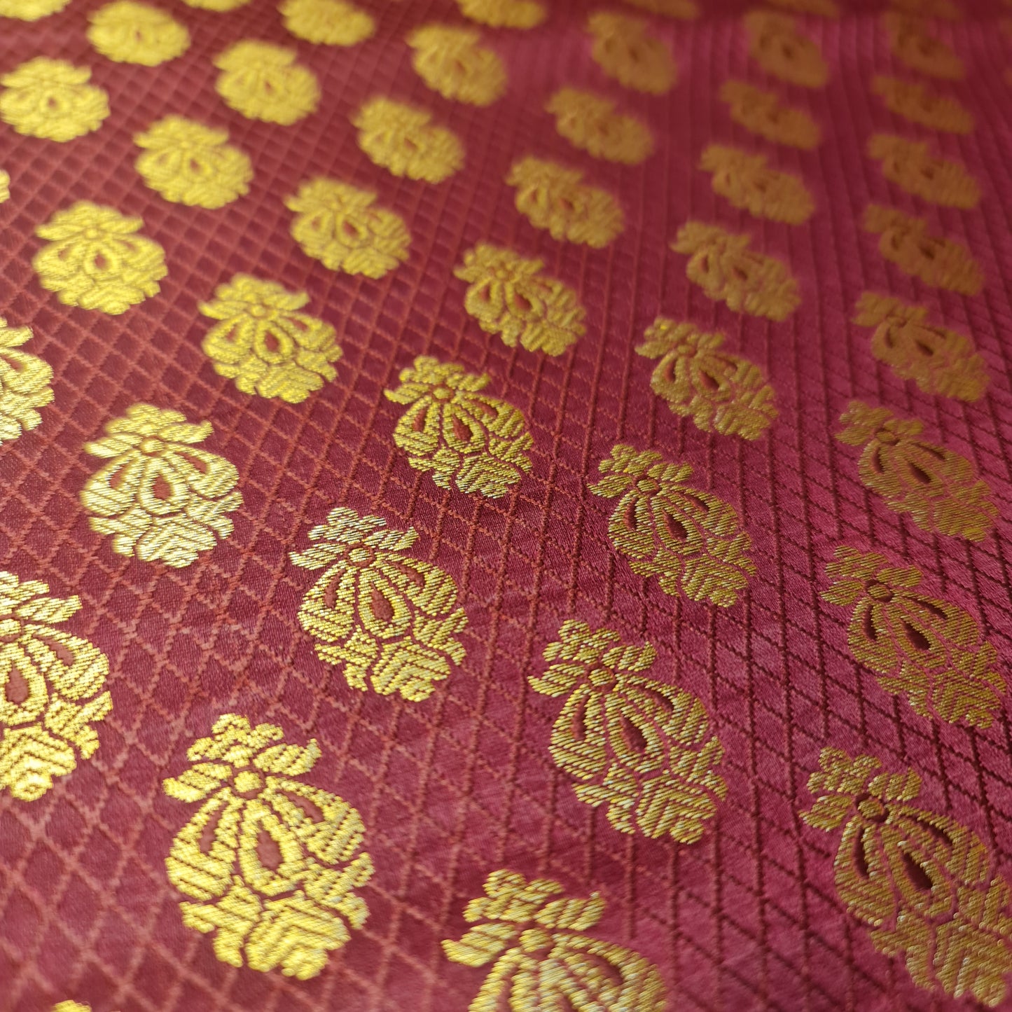 Burgundy Banarasi Brocade Fabric with Gold Zari Paisley Floral Design | Premium Indian Jacquard Material By Meter 44"