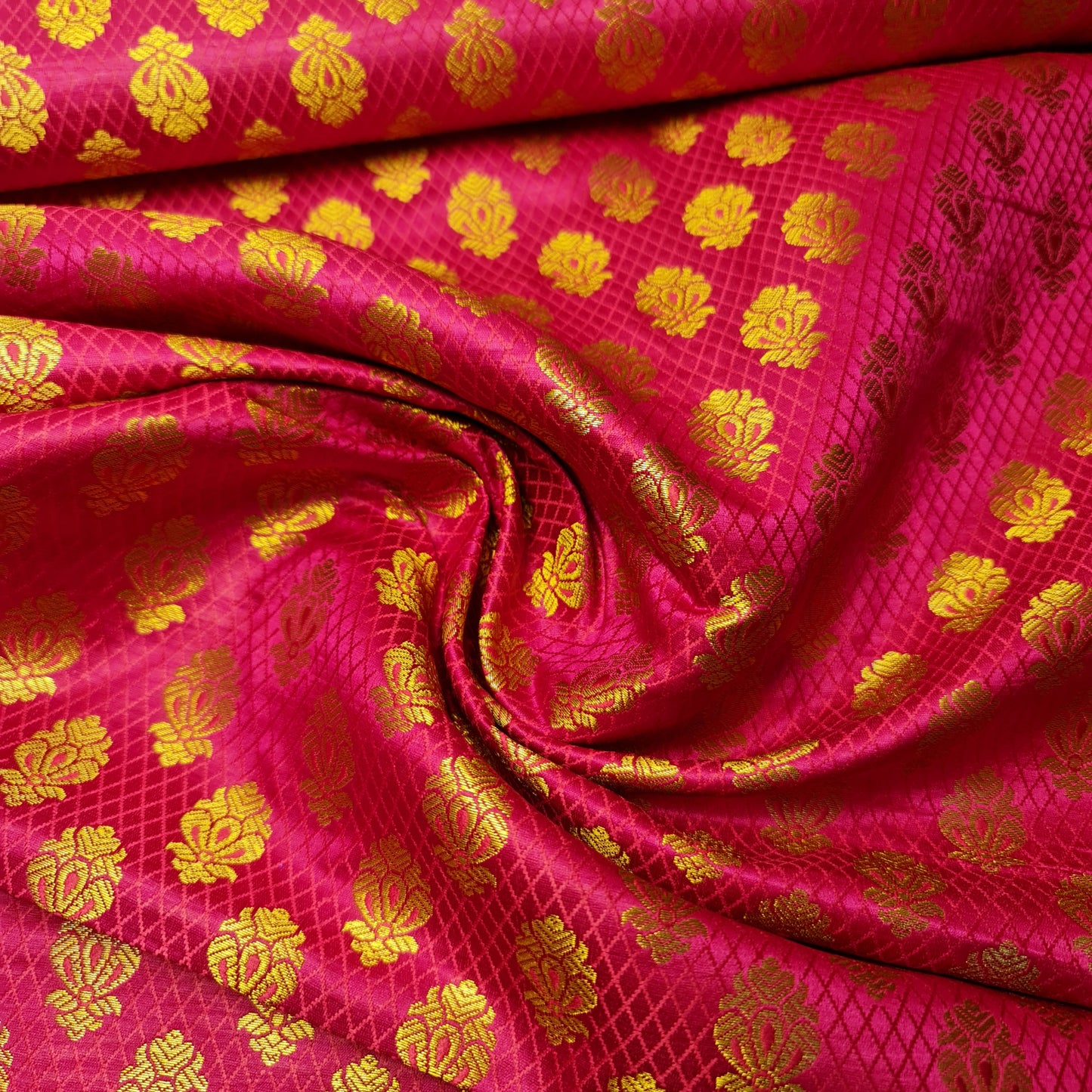 Cerise Pink Banarasi Brocade Fabric with Gold Zari Paisley Floral Design | Premium Indian Jacquard Material By Meter 44"