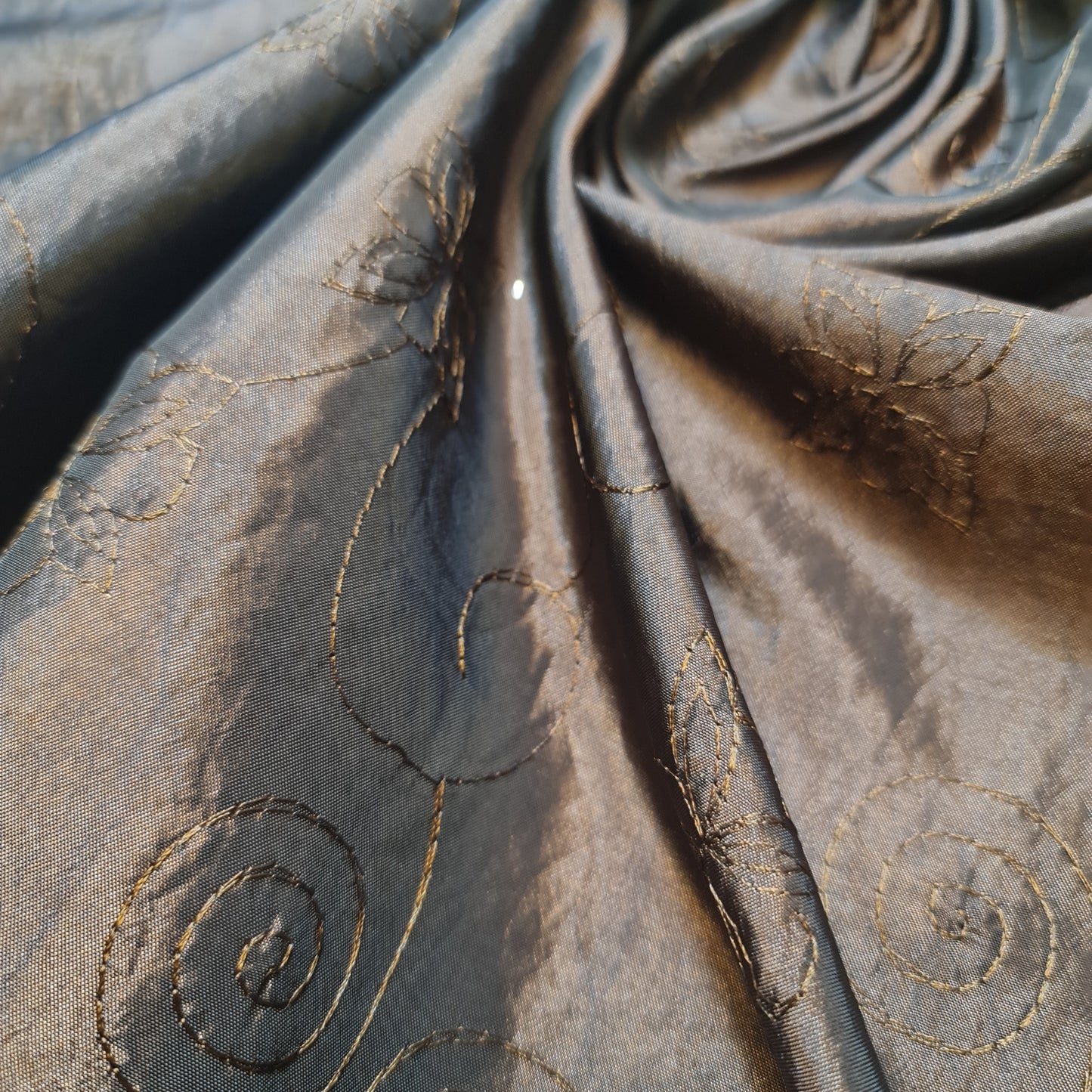 Brown Embroidery Faux Silk Taffeta Dress Craft Cushion Curtain Fabric 58" By The Meter