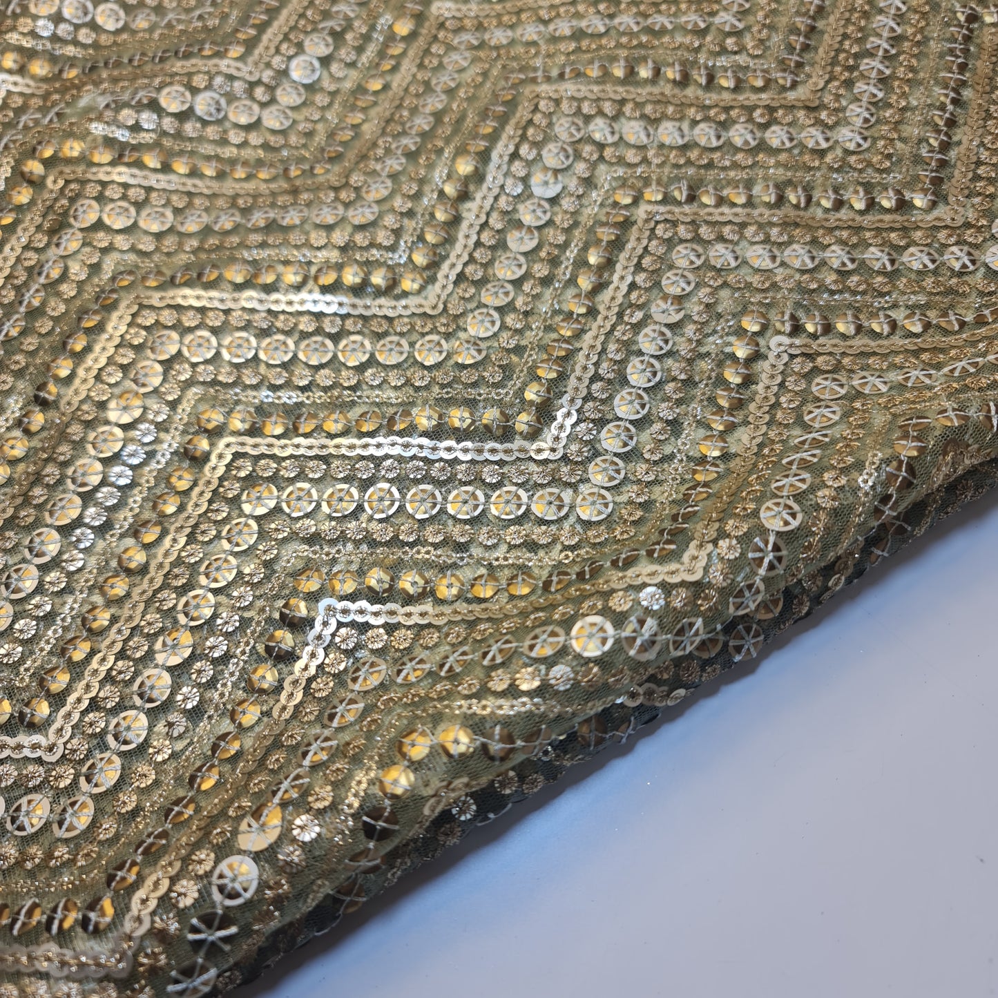 Light Olive Sabyasachi Net Lehnga Dress Material Sequin Glitter Fabric 44" By The Meter