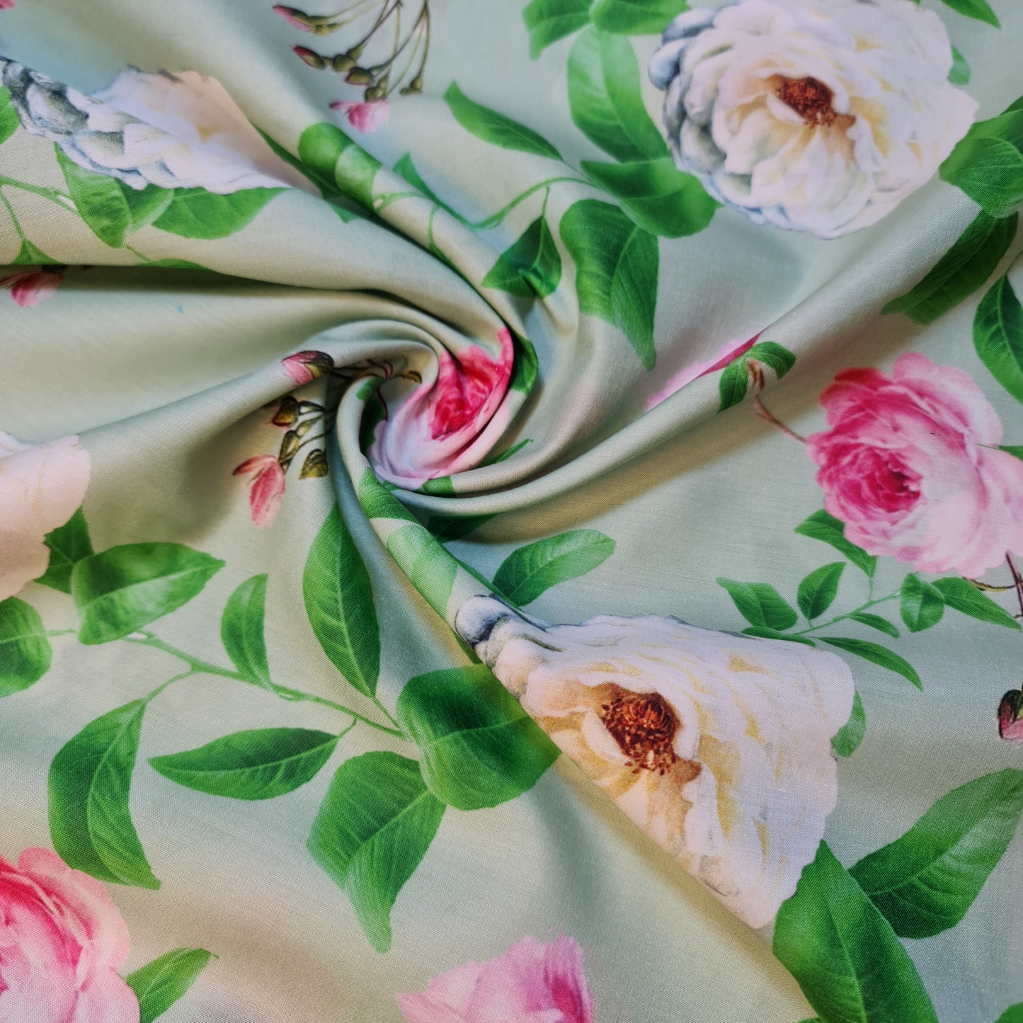 Mint Rose Garden Print Polycotton Muslin Fabric Dress Drape Craft Material 44" By Meter