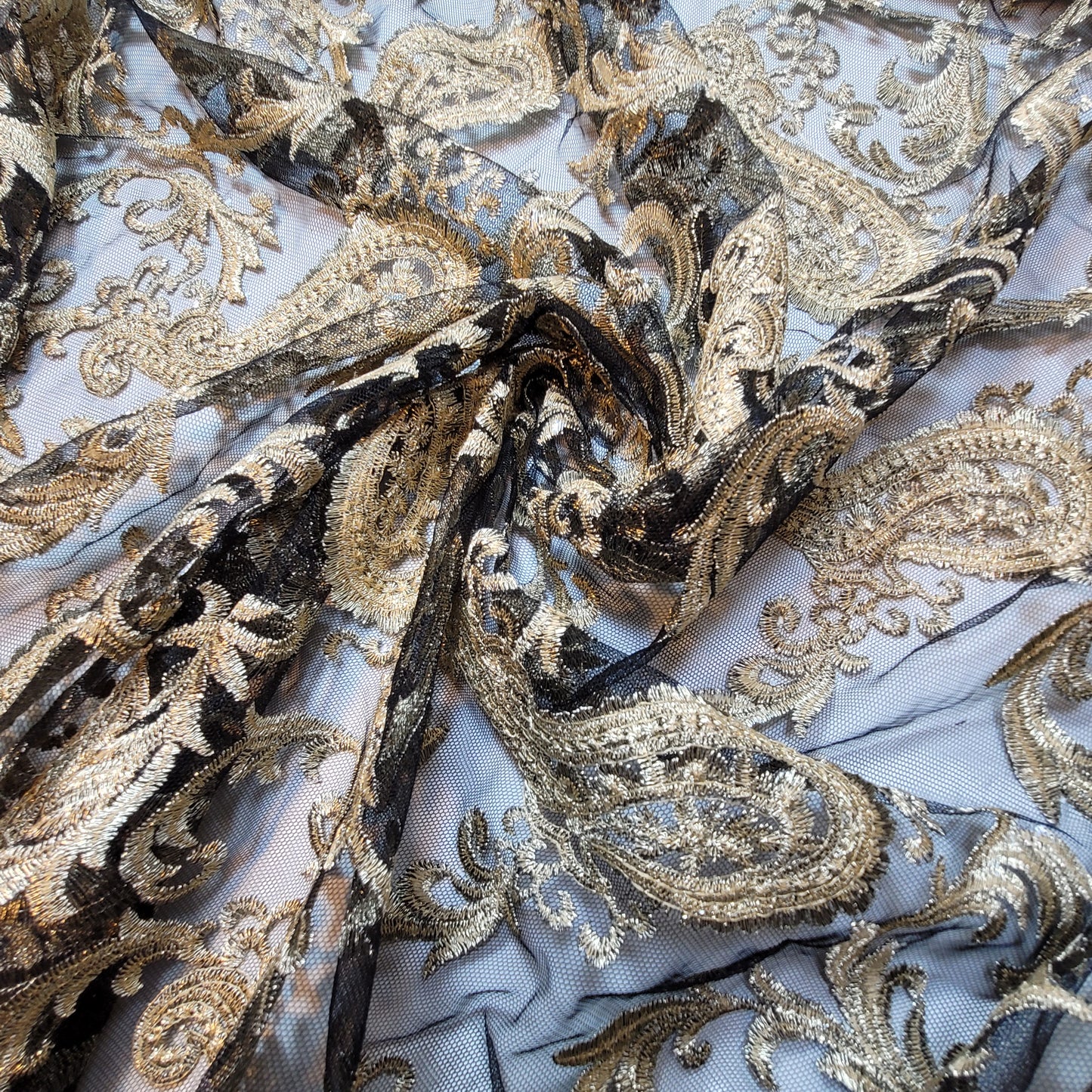 Black Golden Paisley Embroidery Mesh Net Fabric Dress Craft Drape Material 58" By The Meter