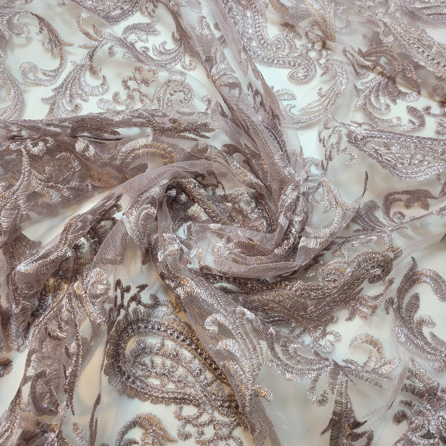 Mauve Paisley Embroidery Mesh Net Fabric Dress Craft Drape Material 58" By The Meter