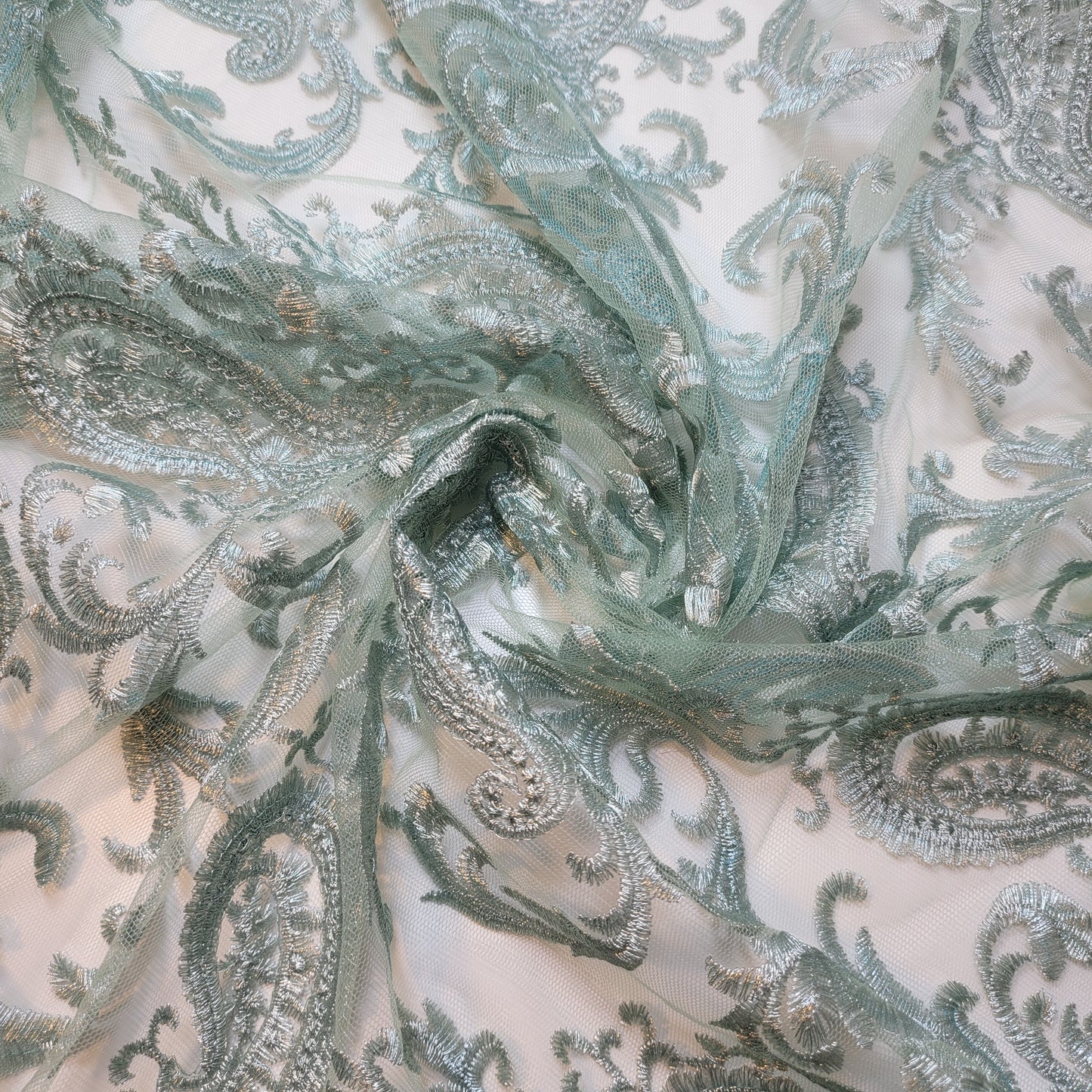 MInt Silver Paisley Embroidery Mesh Net Fabric Dress Craft Drape Material 58" By The Meter