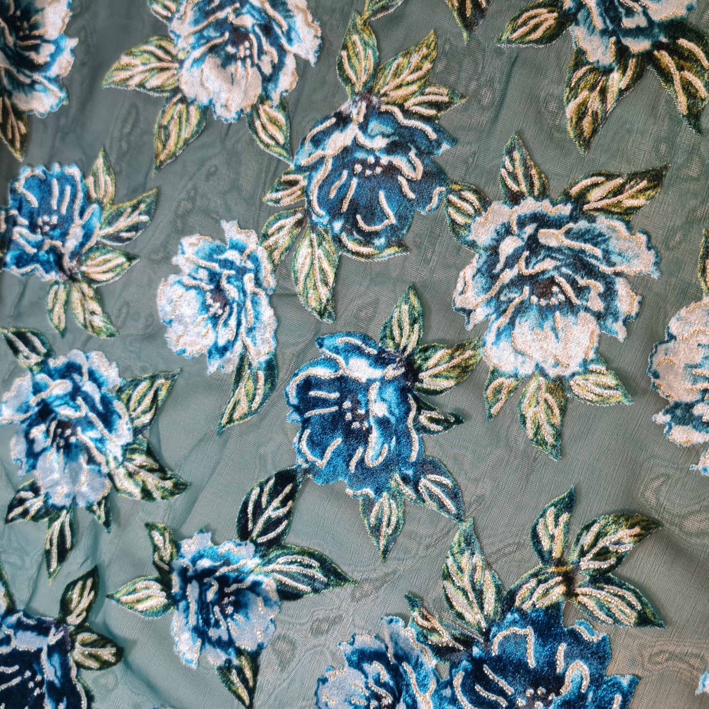 Blue Floral Chiffon Devore Fabric – Textured Burnout Velvet Flower Material by the Meter