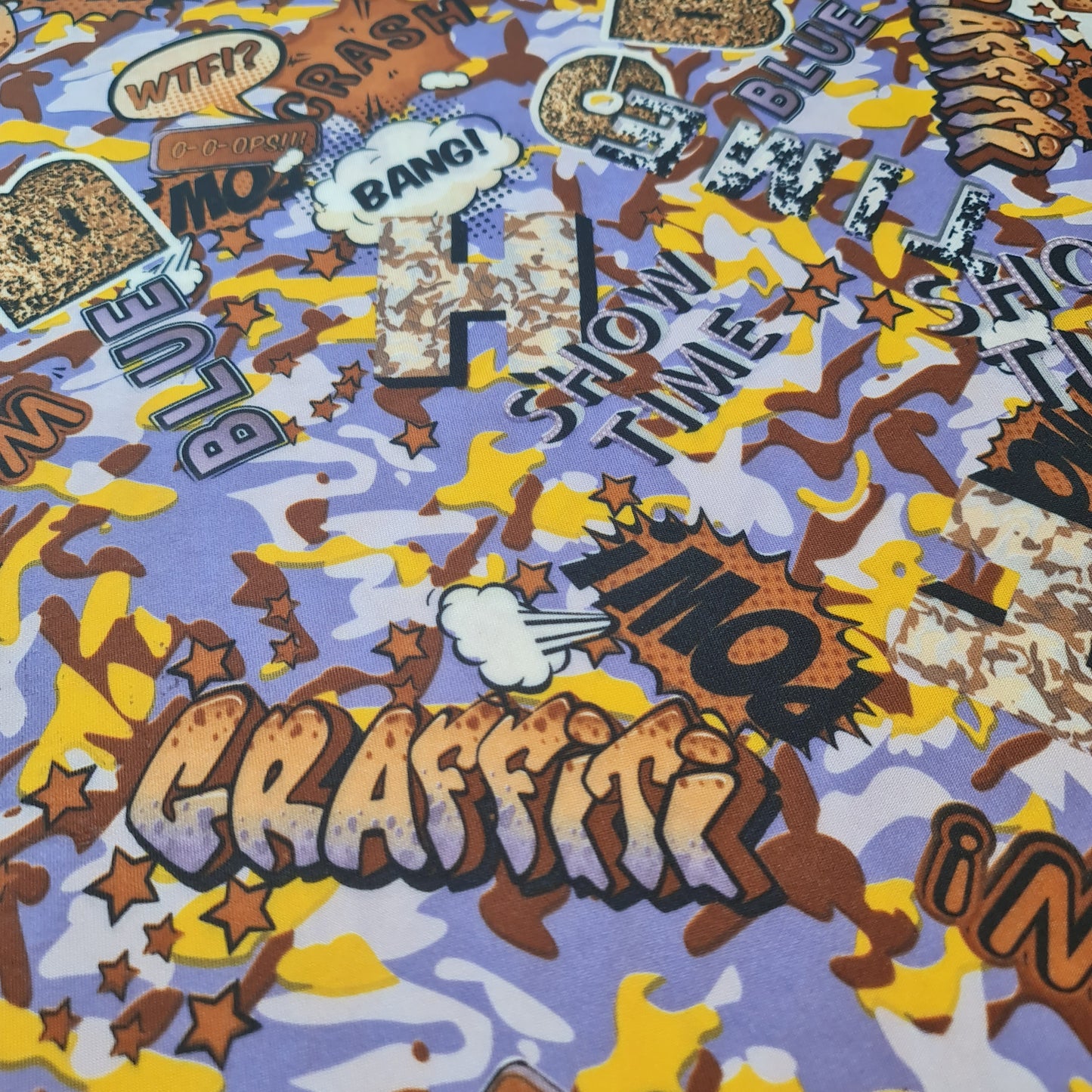 Comic Graffiti Print Bonded Scuba Fabric – Stretch Material (58” Wide) By The Meter | Urban Style for Clothing & Crafts