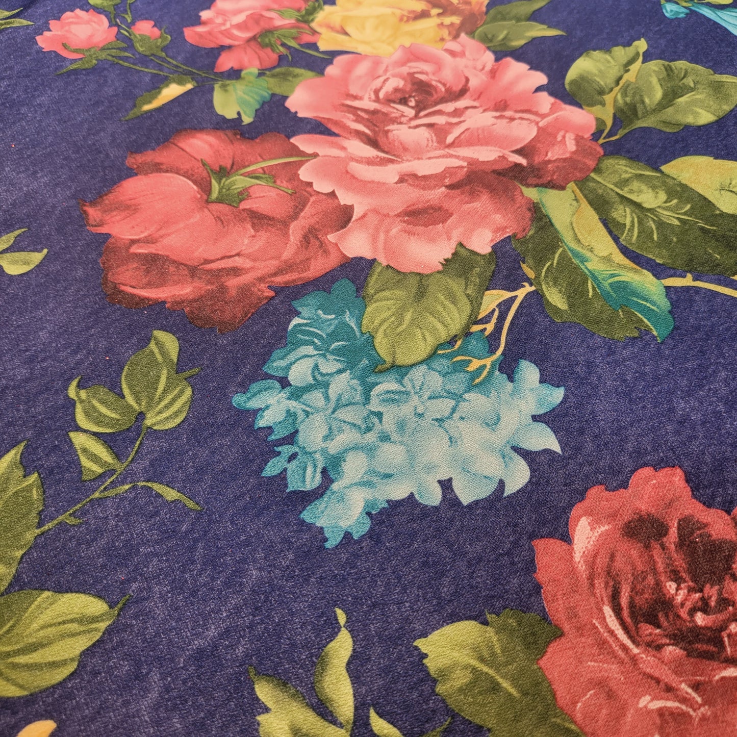 Bold Floral Polyester Fabric – Blue Background with Multicolor Blooms | Lightweight Woven Fabric by the Meter (58” Wide)