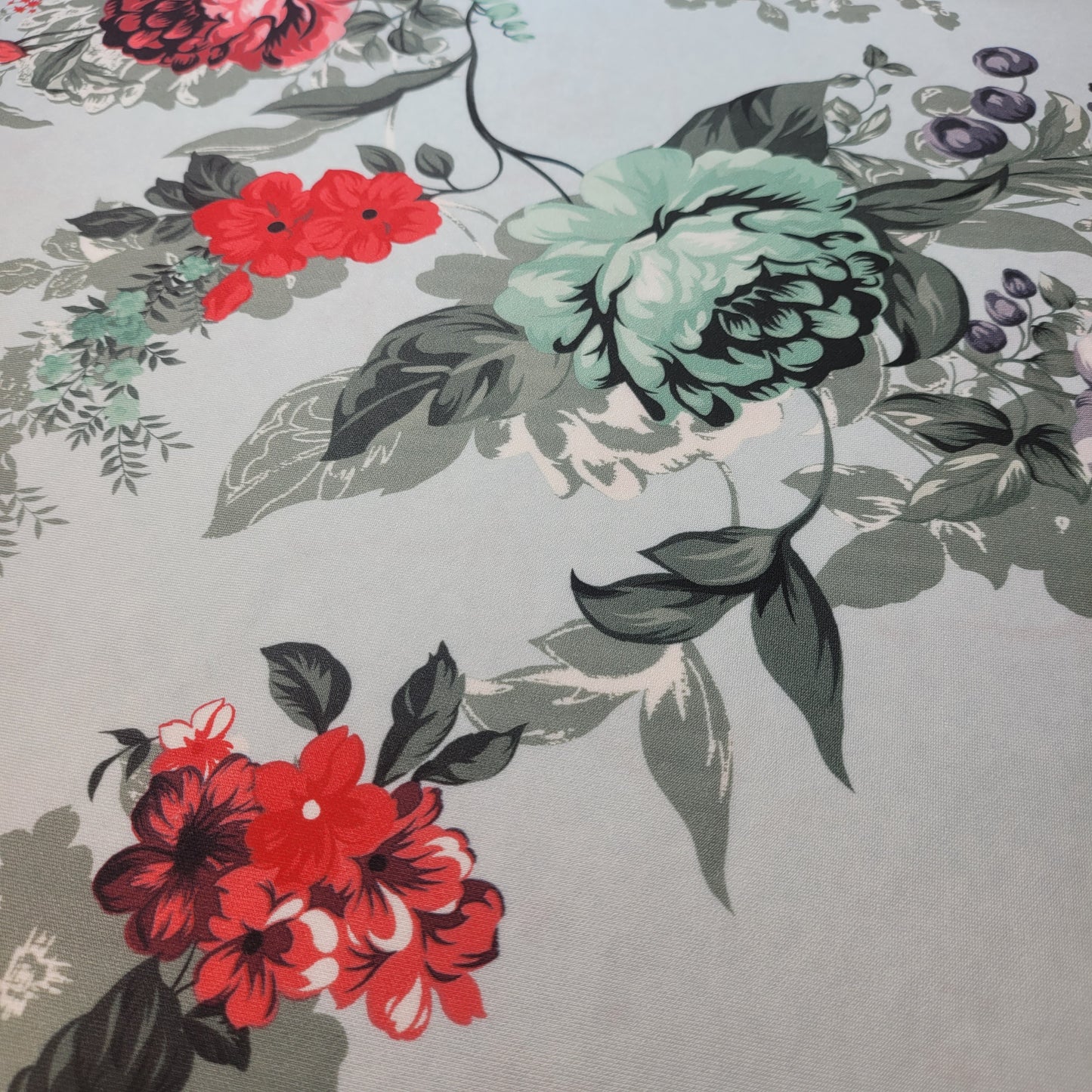 Floral Scuba Fabric – Soft Mint Background with Red & Green Blooms | Stretch Dress Fabric by the Meter (58” Wide)