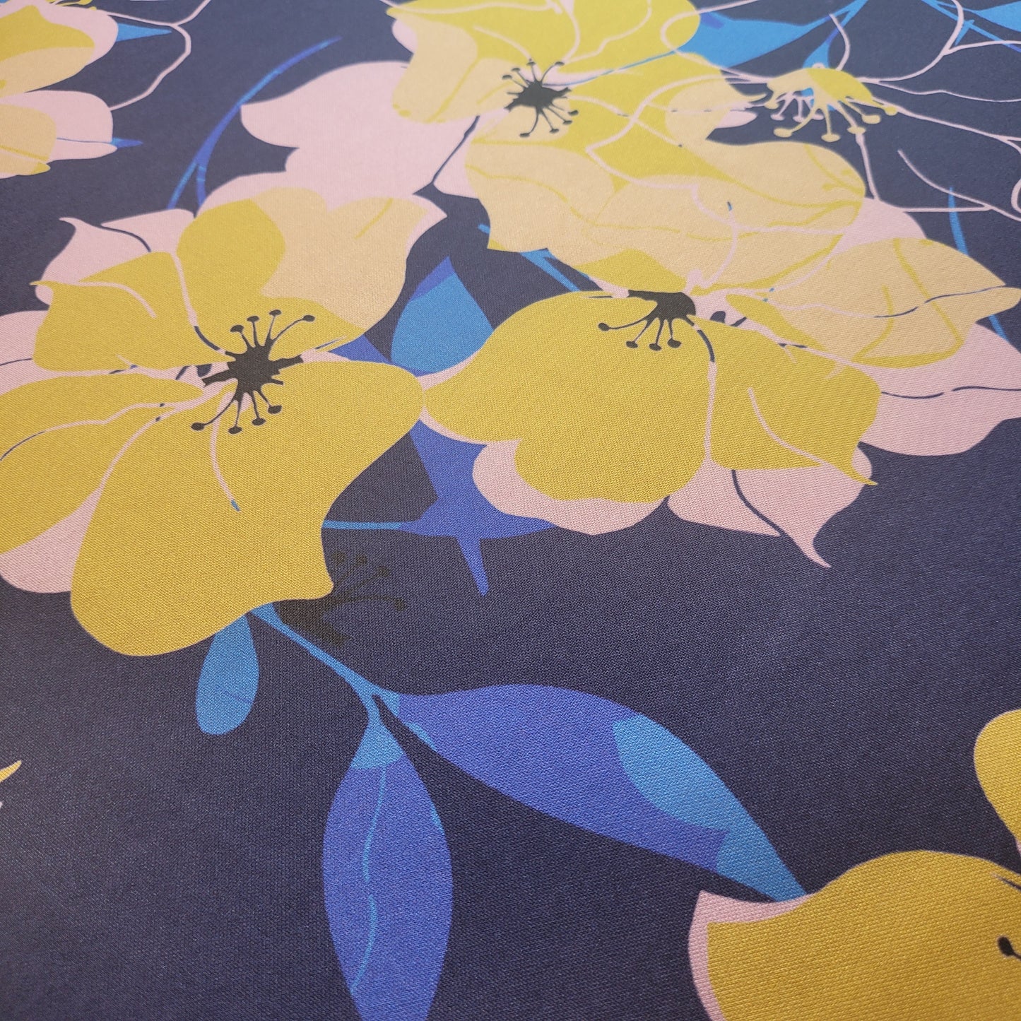 Scuba Crepe Fabric – Bold Yellow Floral Print on Navy | Stretch Crepe Fabric by the Meter (58” Wide)