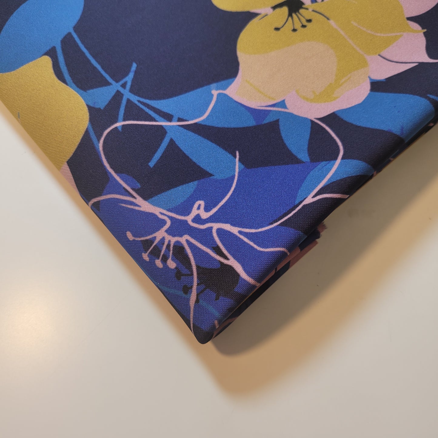 Scuba Crepe Fabric – Bold Yellow Floral Print on Navy | Stretch Crepe Fabric by the Meter (58” Wide)