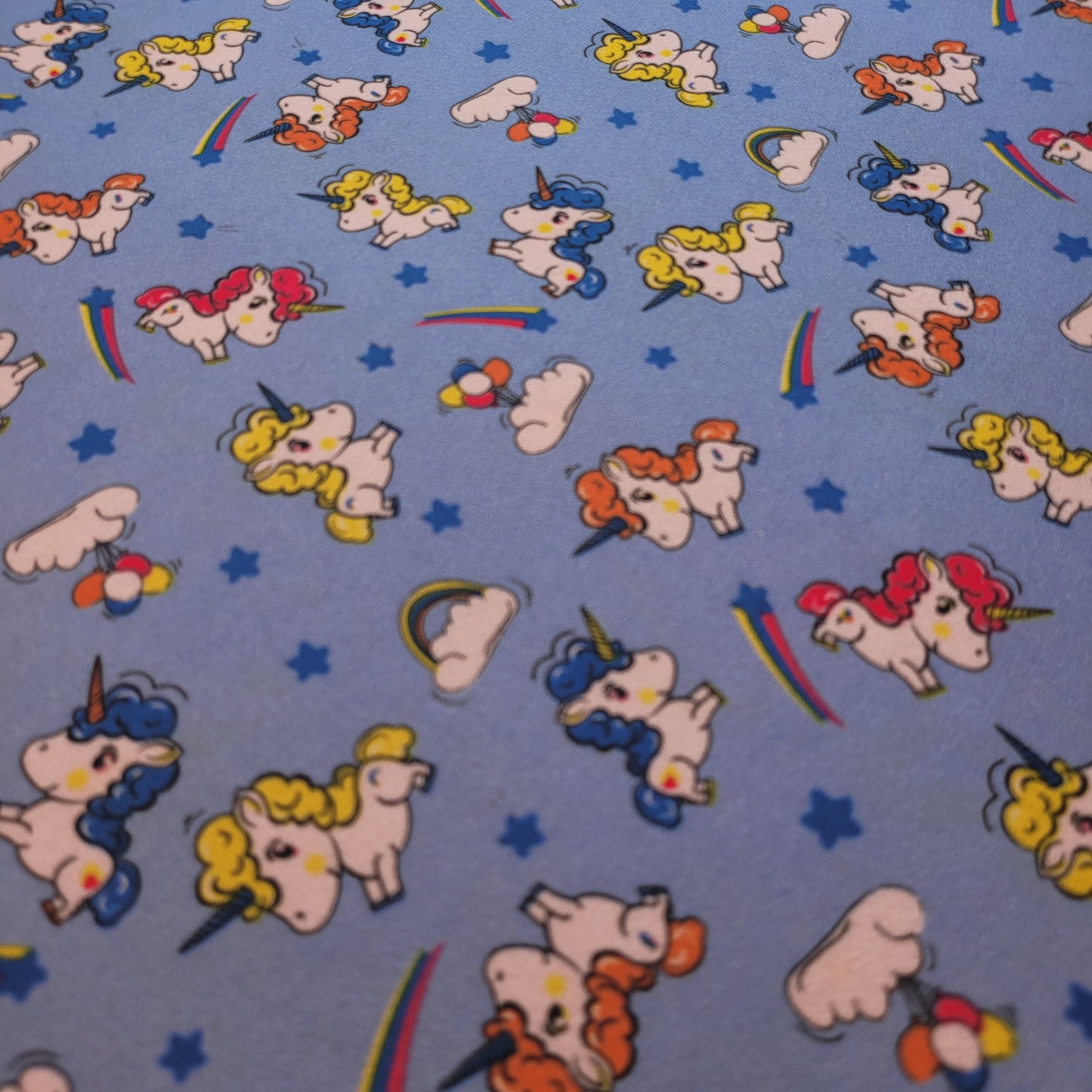 Scuba Crepe Fabric – Cute Cartoon Unicorn Print on Blue | Stretch Fabric by the Meter (58” Wide)