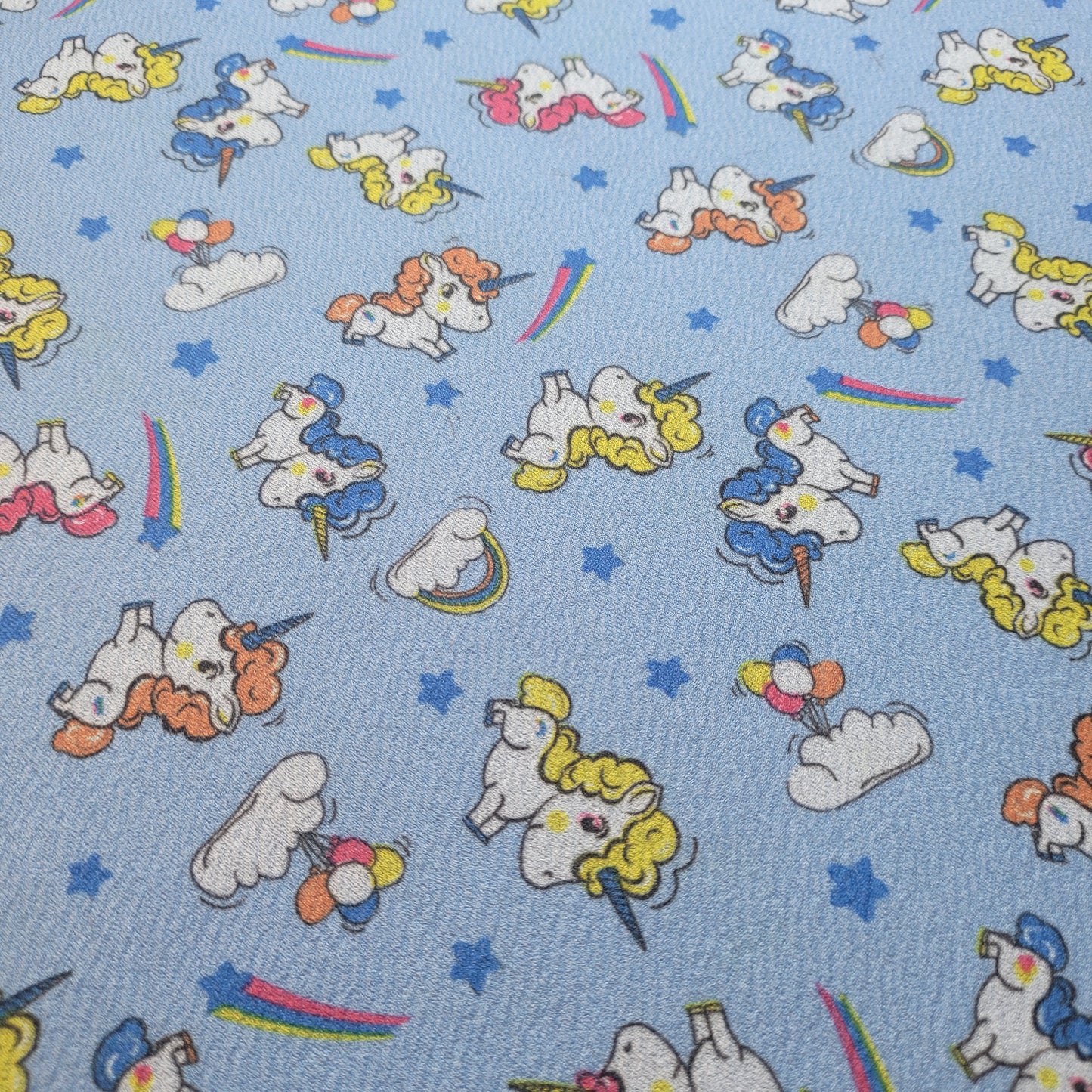 Scuba Crepe Fabric – Cute Cartoon Unicorn Print on Blue | Stretch Fabric by the Meter (58” Wide)