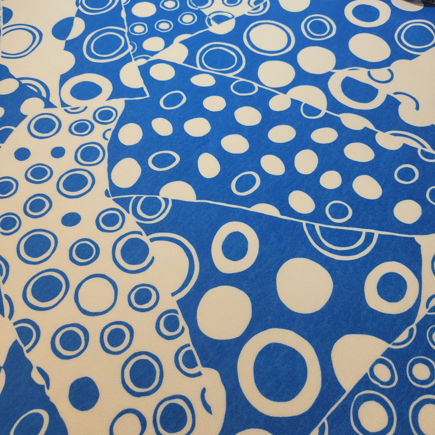 Scuba Crepe Fabric – Bold Blue & White Geometric Circles | Stretch Fabric by the Meter (58” Wide)