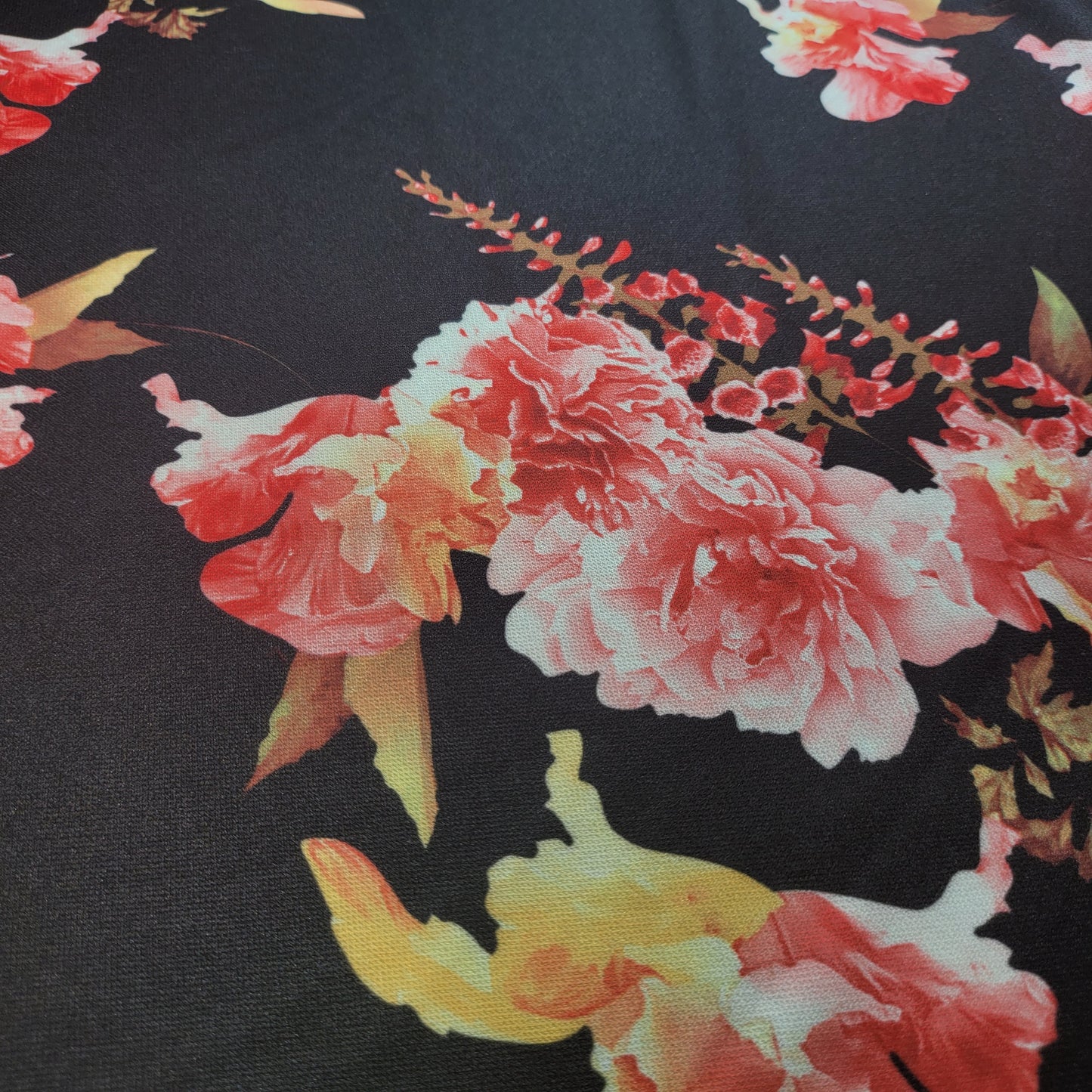 Elegant Coral & Yellow Floral Scuba Crepe Fabric – Dark Background, Stretchy & Soft by the Meter
