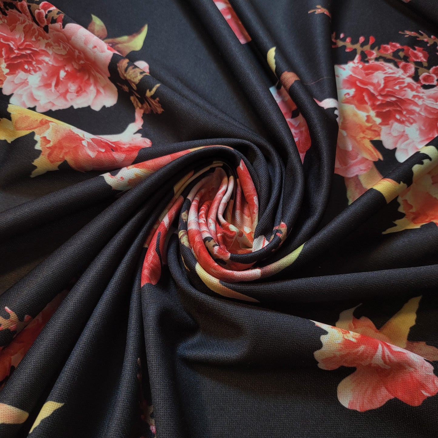 Elegant Coral & Yellow Floral Scuba Crepe Fabric – Dark Background, Stretchy & Soft by the Meter