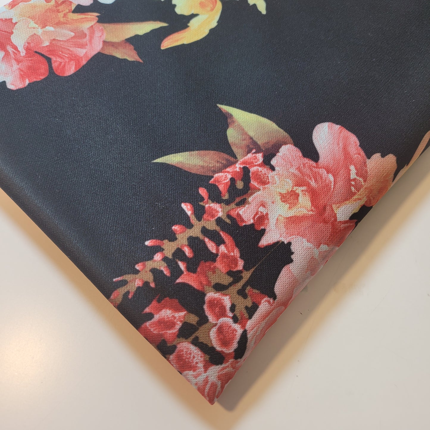 Elegant Coral & Yellow Floral Scuba Crepe Fabric – Dark Background, Stretchy & Soft by the Meter