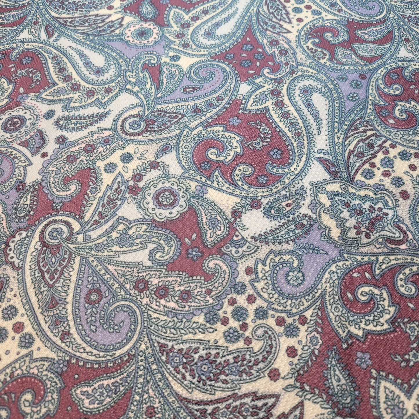 Vintage Paisley Scuba Crepe Fabric – Burgundy & Blue Pattern by the Meter