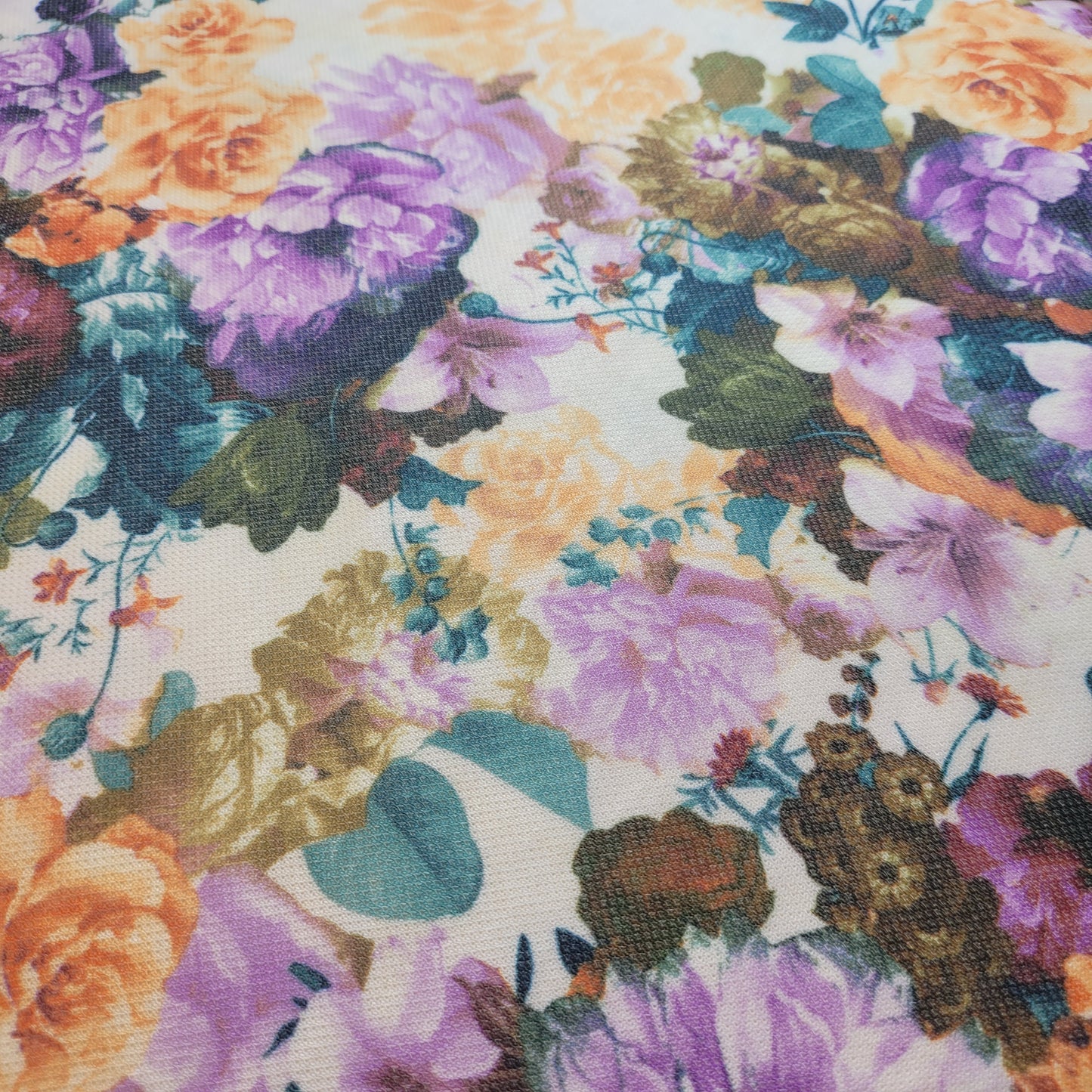 Floral Jersey Knit Fabric – Soft Stretch Fabric with Purple & Orange Flowers By Meter
