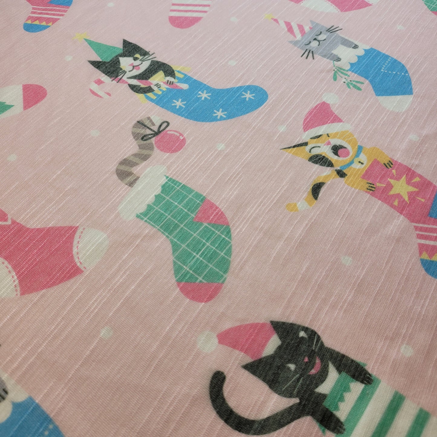 Christmas Cats in Stockings Cotton Jersey Fabric – 58" Wide (Sold by the Meter)
