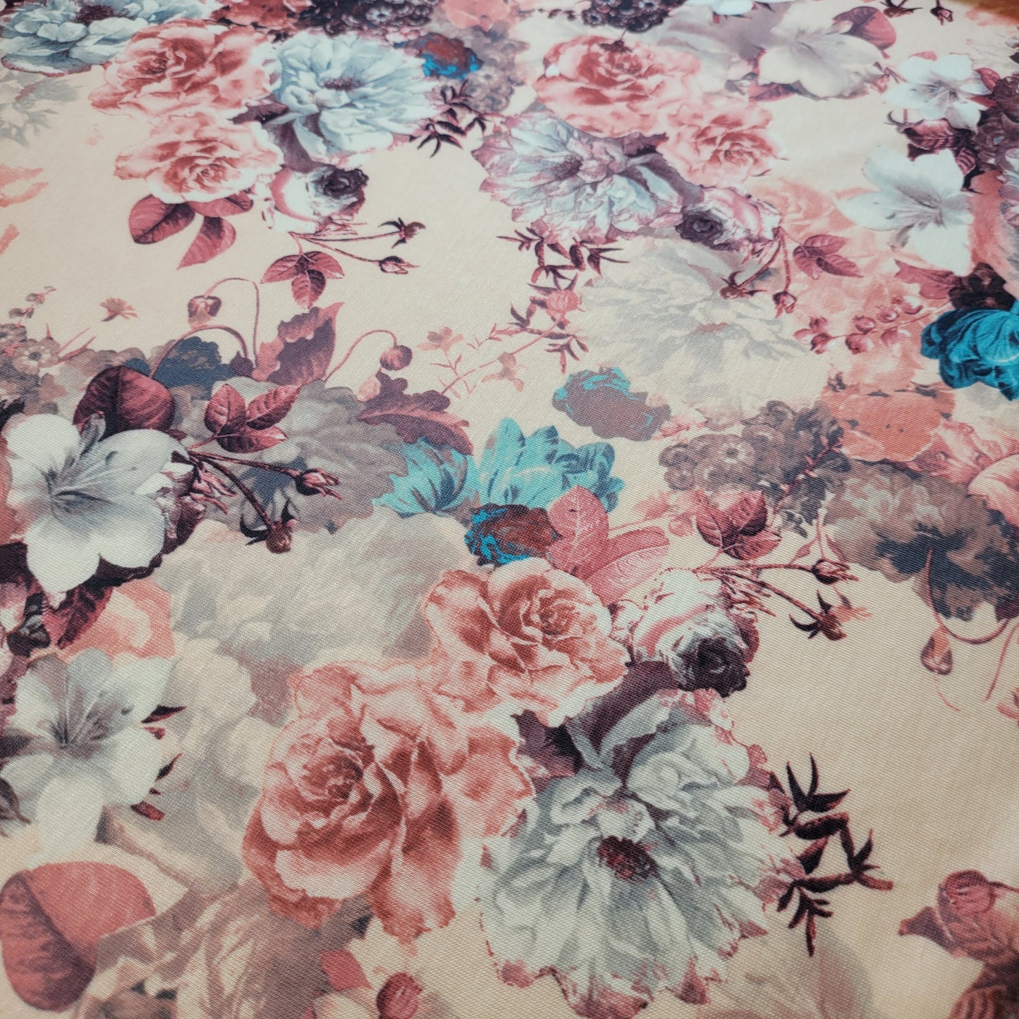Vintage Floral Cotton Jersey Fabric – Blush & Teal Bloom Print, 58" Wide (Sold by the Meter)