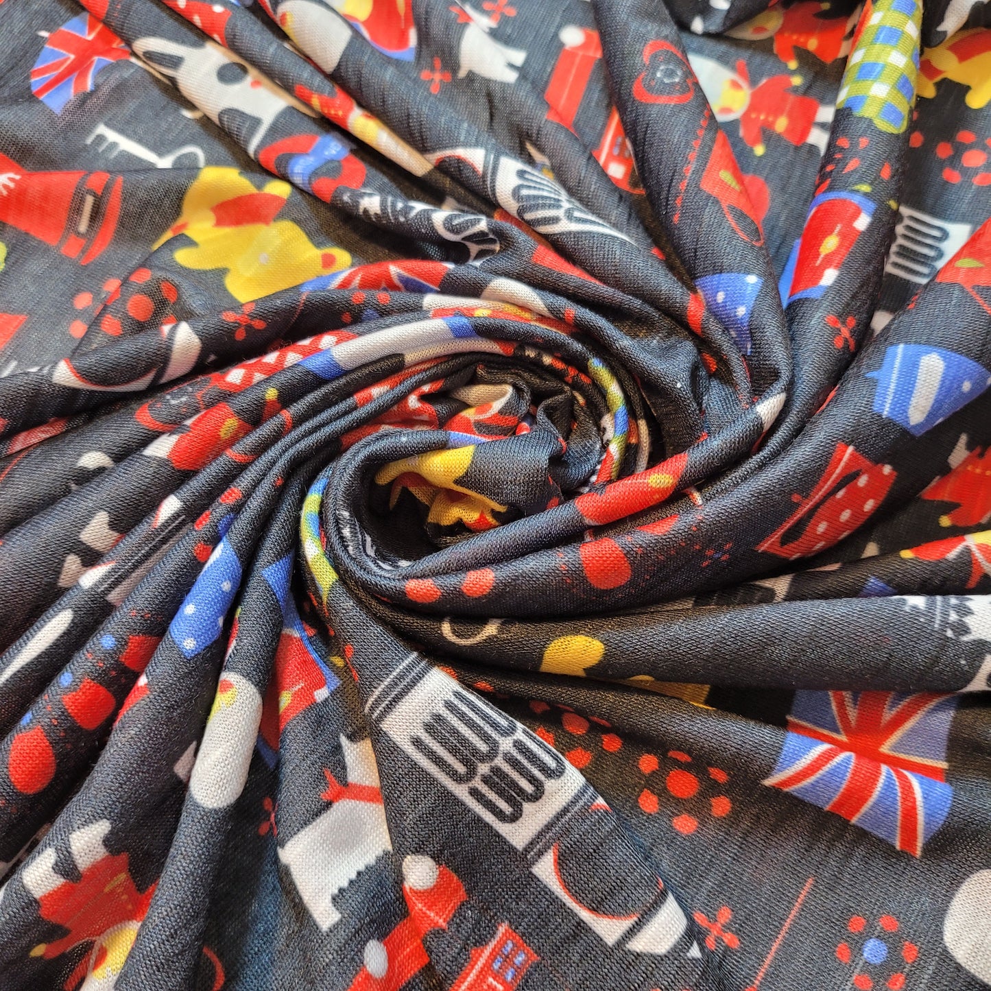 London Icons Cotton Jersey Fabric – British Theme, 58" Wide (Sold by the Meter)