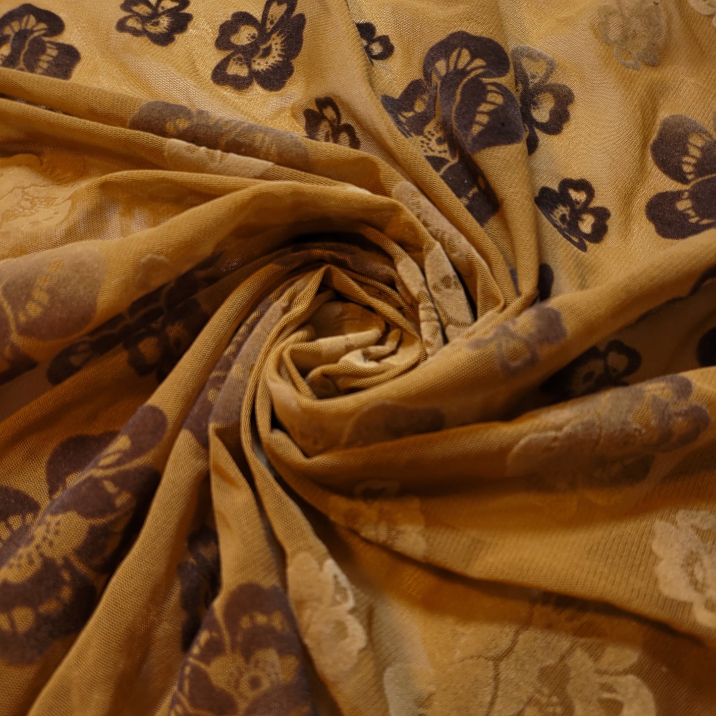 Floral Flocked Power Mesh Fabric – Stretch Sheer Knit – Mustard & Brown – 58" Wide (Sold by the Meter)