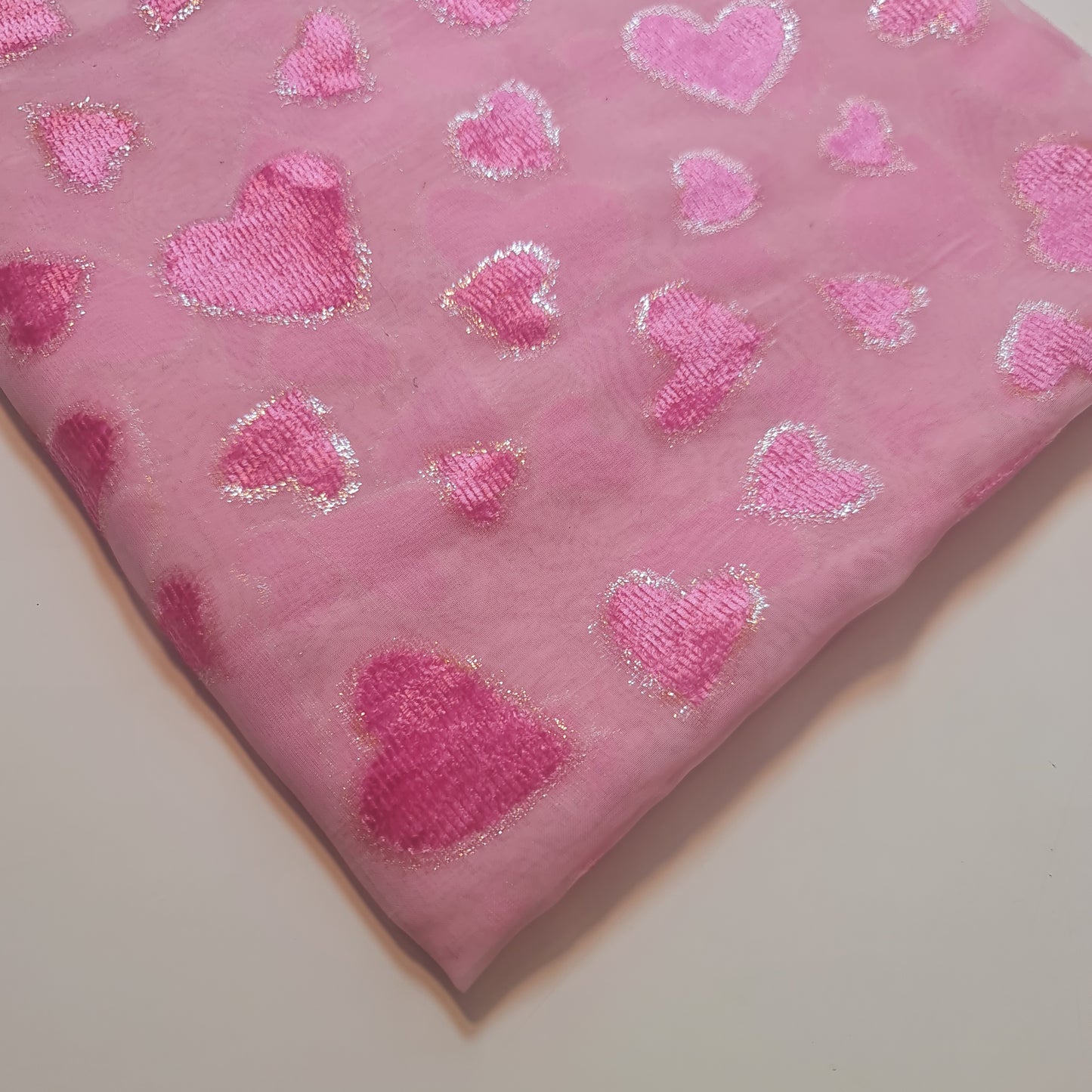 Pink Sheer Heart Fabric – Sparkly Valentine’s Chiffon Devore Dress Craft Costume Material 44" by the Meter