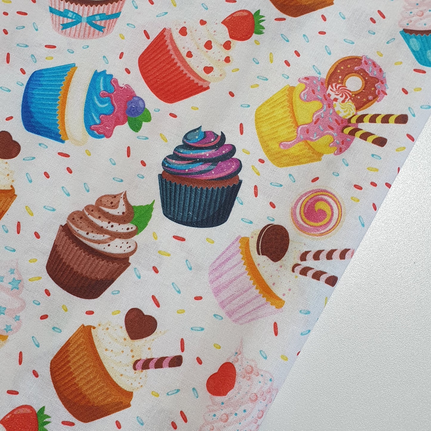 Cup Cakes 100% Cotton fabric Sweets Fruits, Treats & Macarons 44” wide perfect for Quilting, Crafts, Kidswear