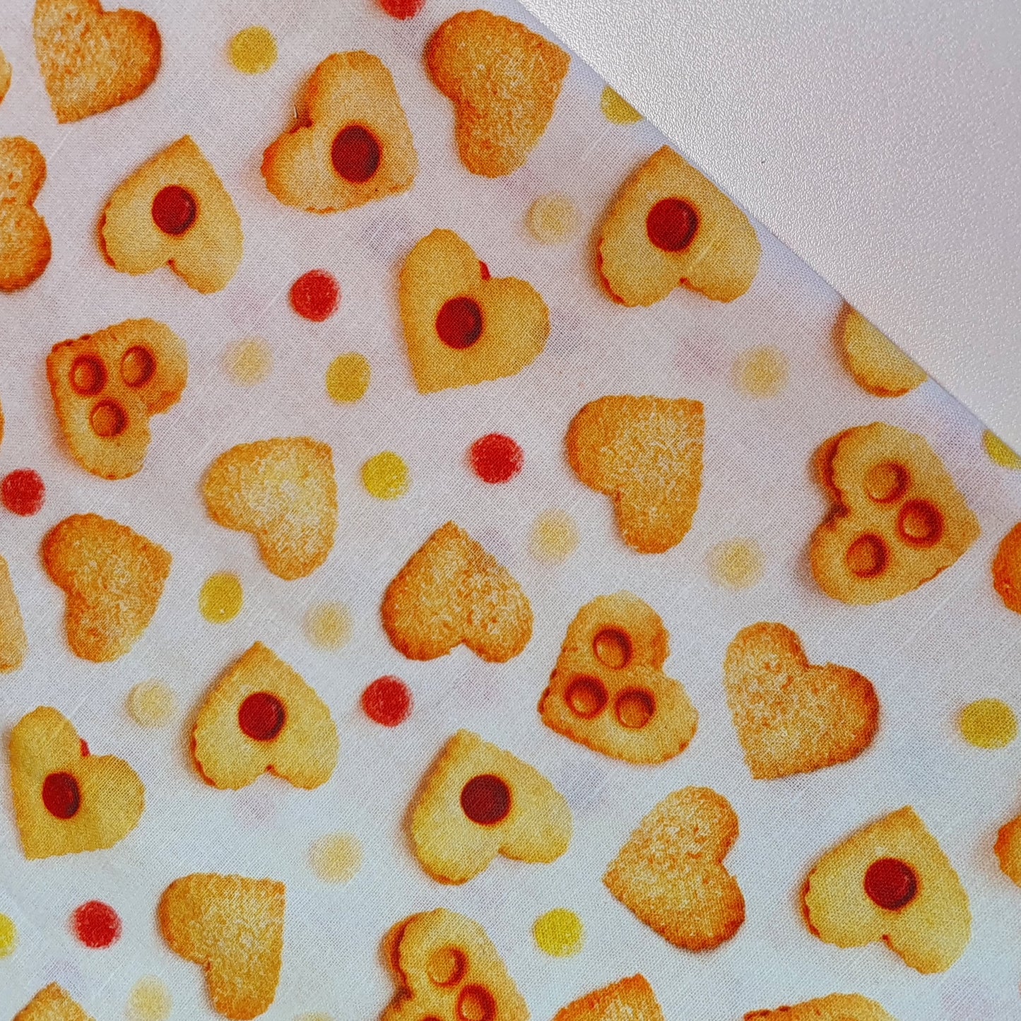 Biscuit Hearts 100% Cotton fabric Sweets Fruits, Treats & Macarons 44” wide perfect for Quilting, Crafts, Kidswear