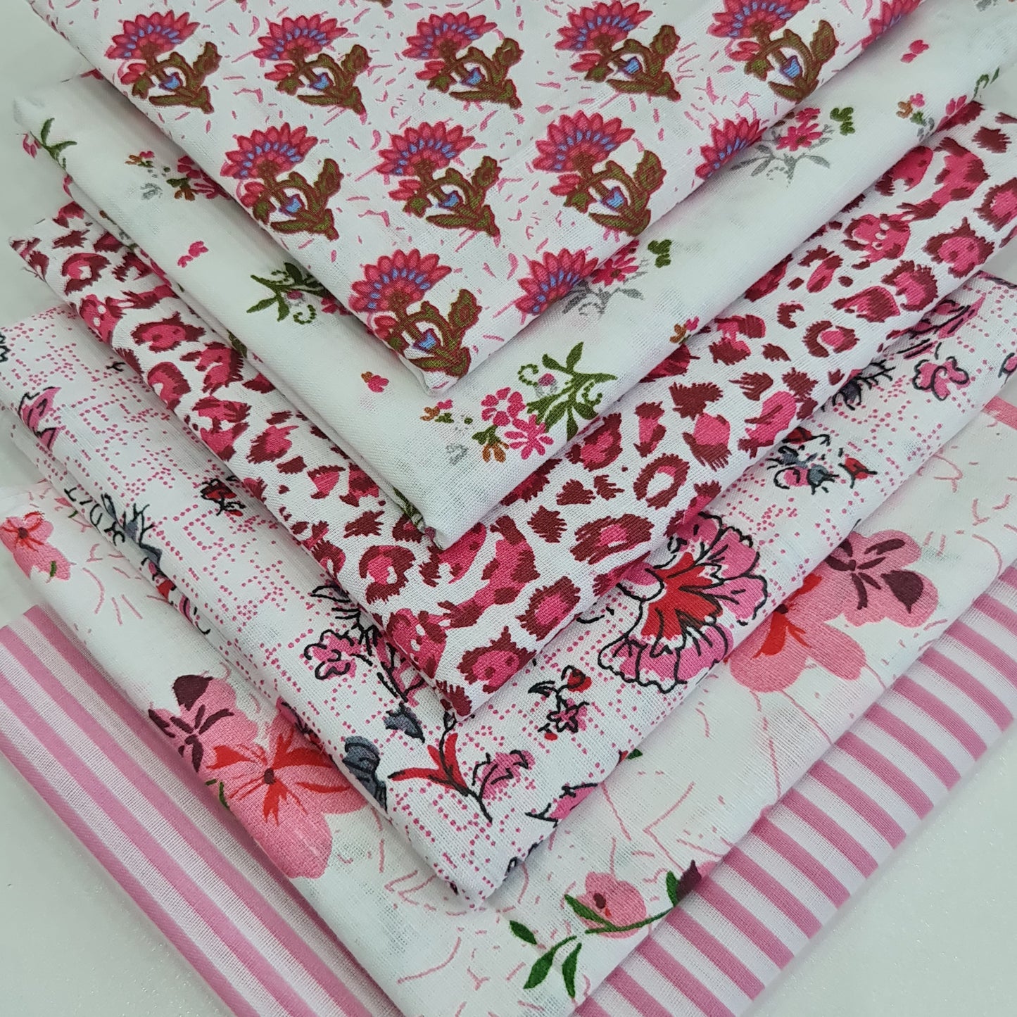 Pink Floral White 100% Cotton Fabric 6 Pcs Bundle Fat Quarters 50x50cm Quilting Patchwork Material