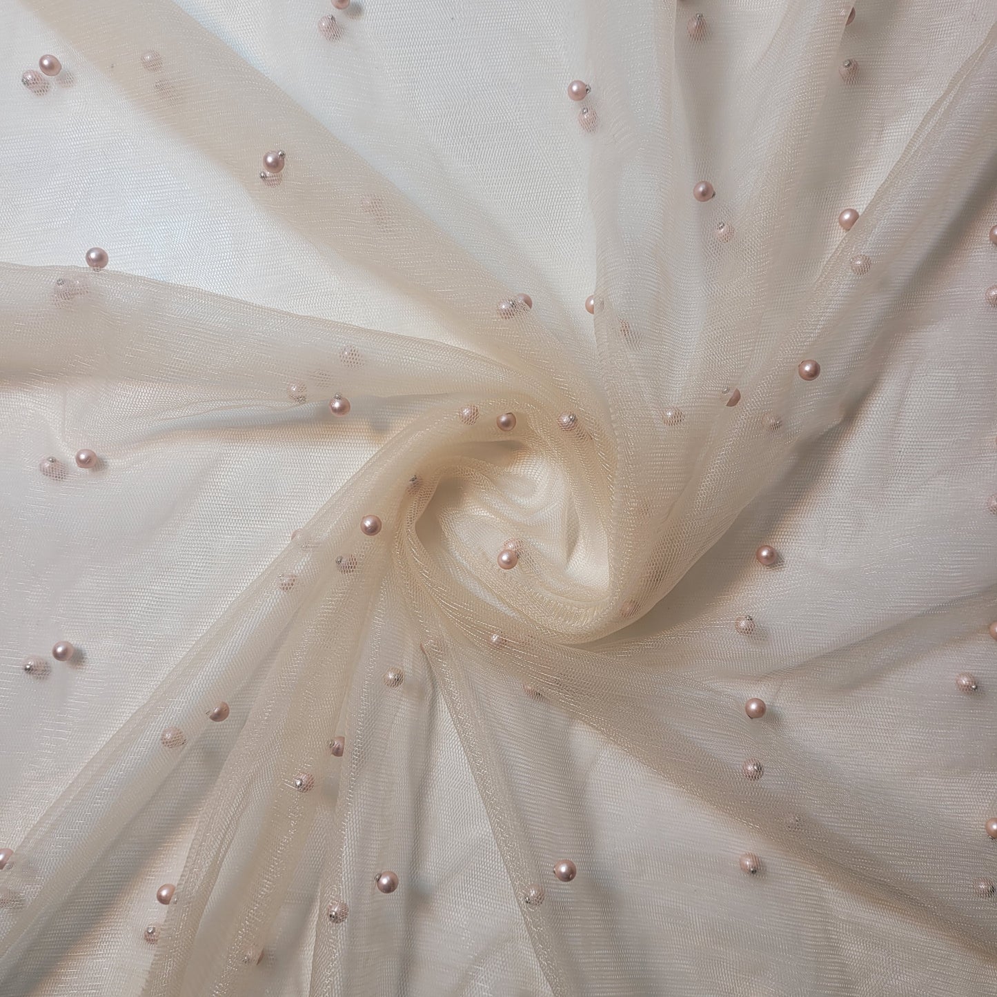 Nude Blush Pearl Beaded Soft Tulle Mesh Fabric Embellished Net Material 58" Wide By The Meter