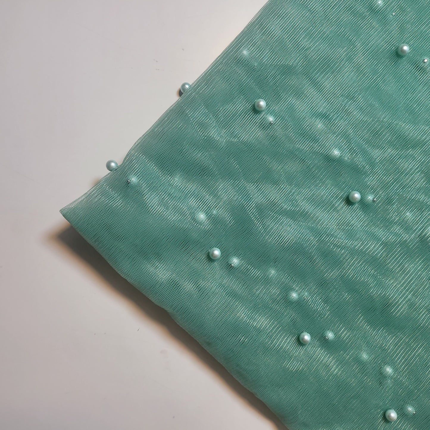Sea Green Pearl Beaded Soft Tulle Mesh Fabric Embellished Net Material 58" Wide By The Meter