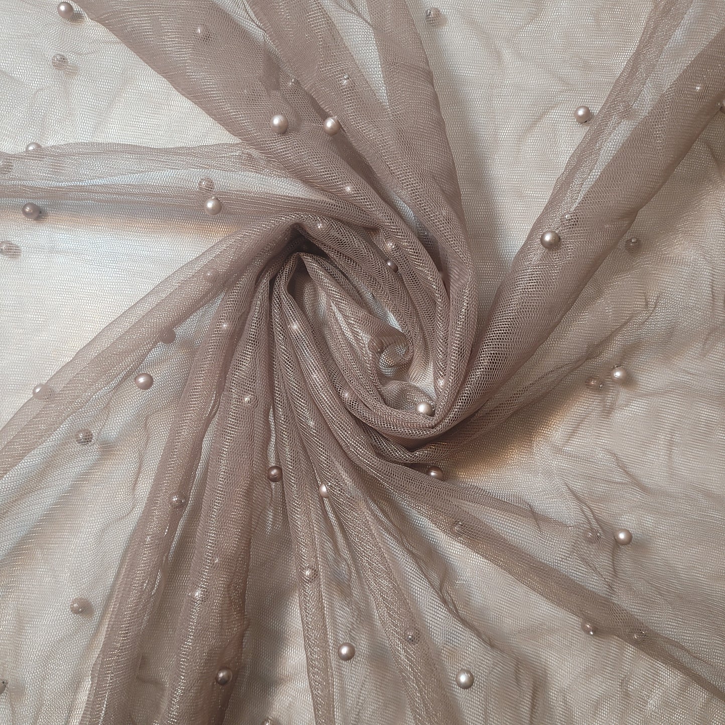 Taupe Beige Pearl Beaded Soft Tulle Mesh Fabric Embellished Net Material 58" Wide By The Meter