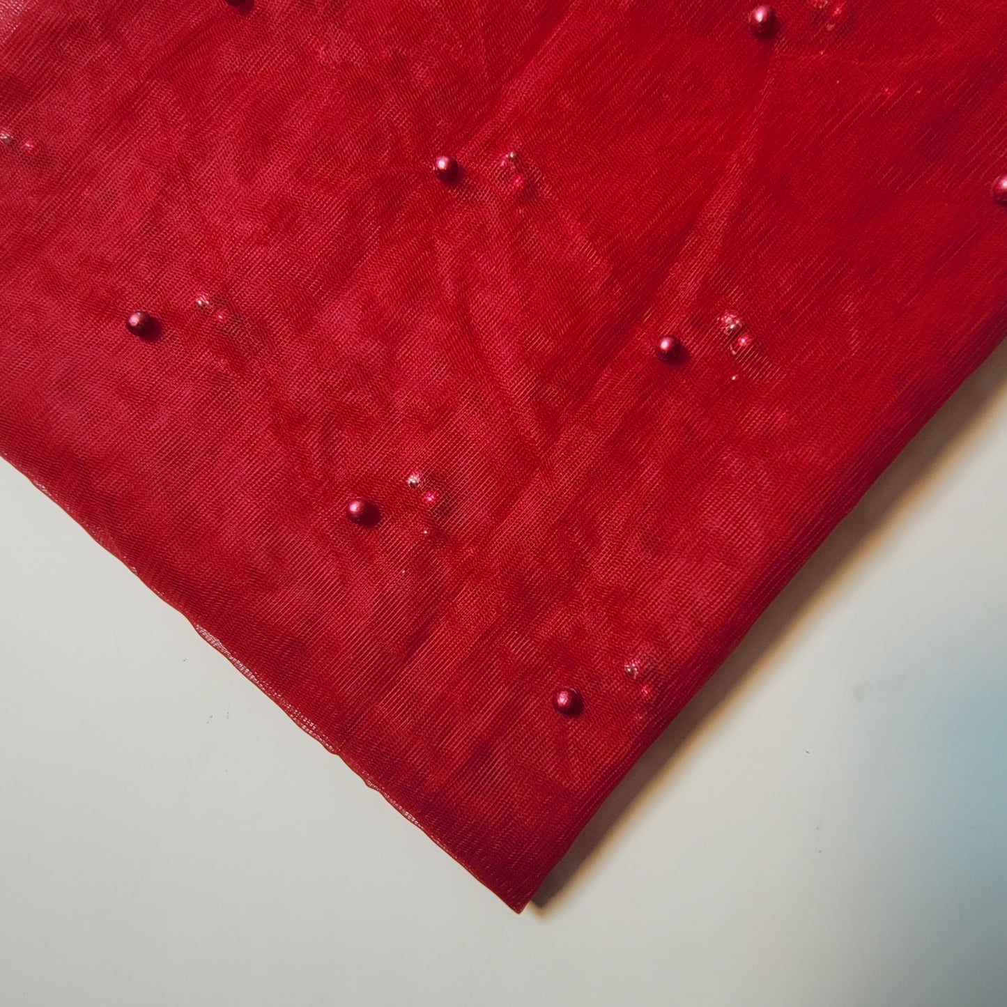 Red Pearl Beaded Soft Tulle Mesh Fabric Embellished Net Material 58" Wide By The Meter