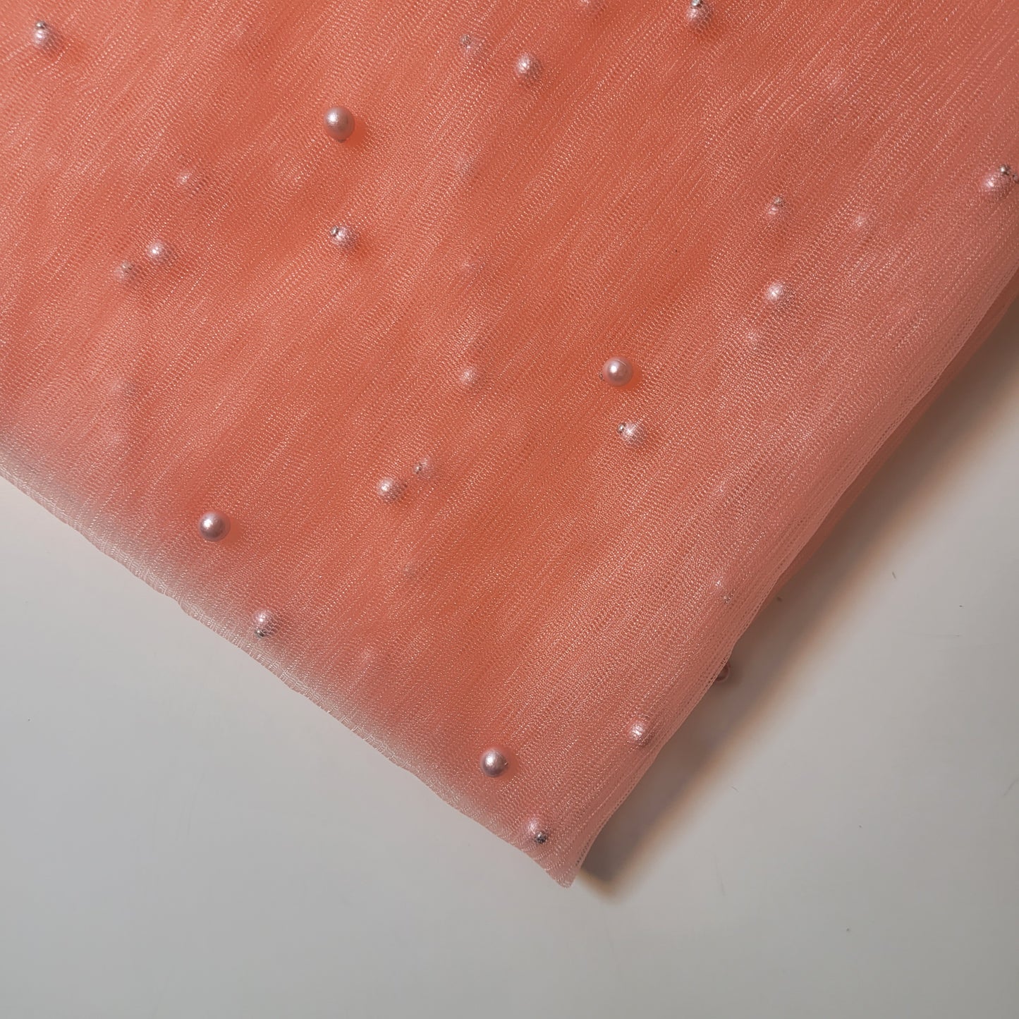 Peach Pearl Beaded Soft Tulle Mesh Fabric Embellished Net Material 58" Wide By The Meter
