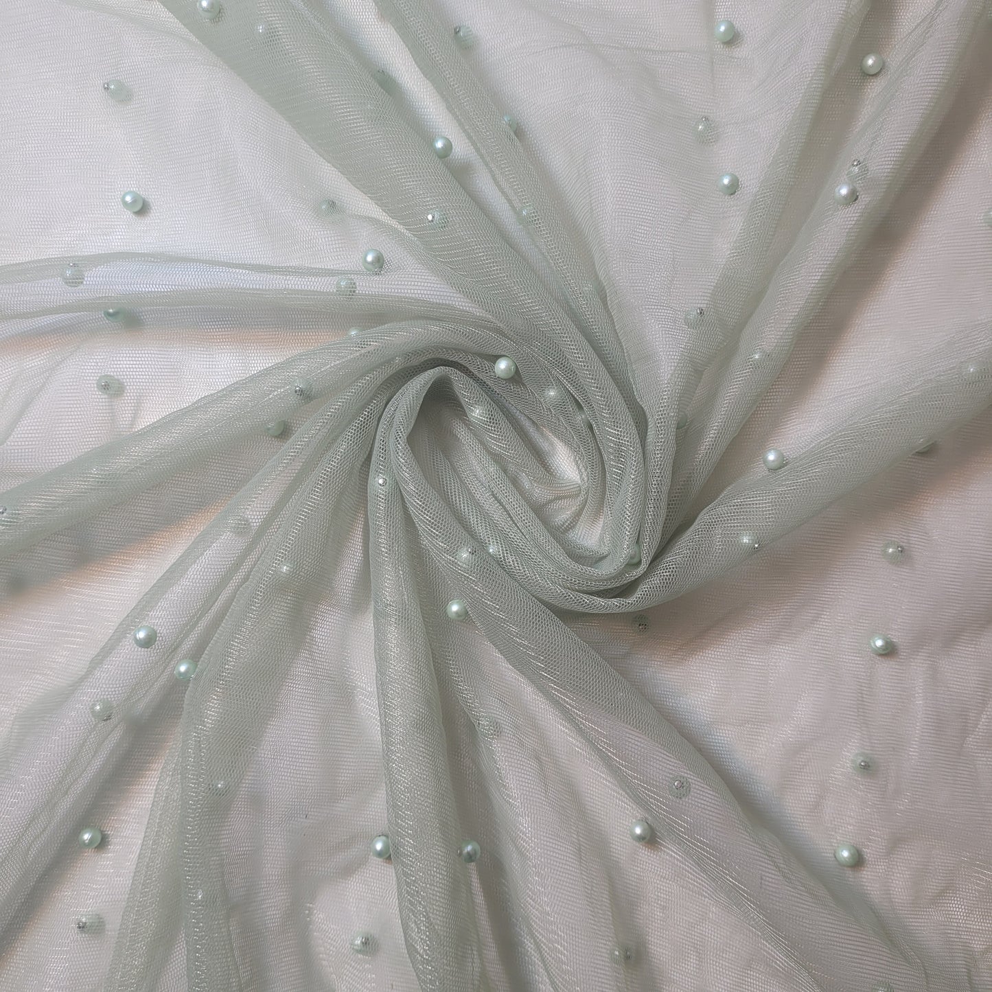Sage Green Pearl Beaded Soft Tulle Mesh Fabric Embellished Net Material 58" Wide By The Meter