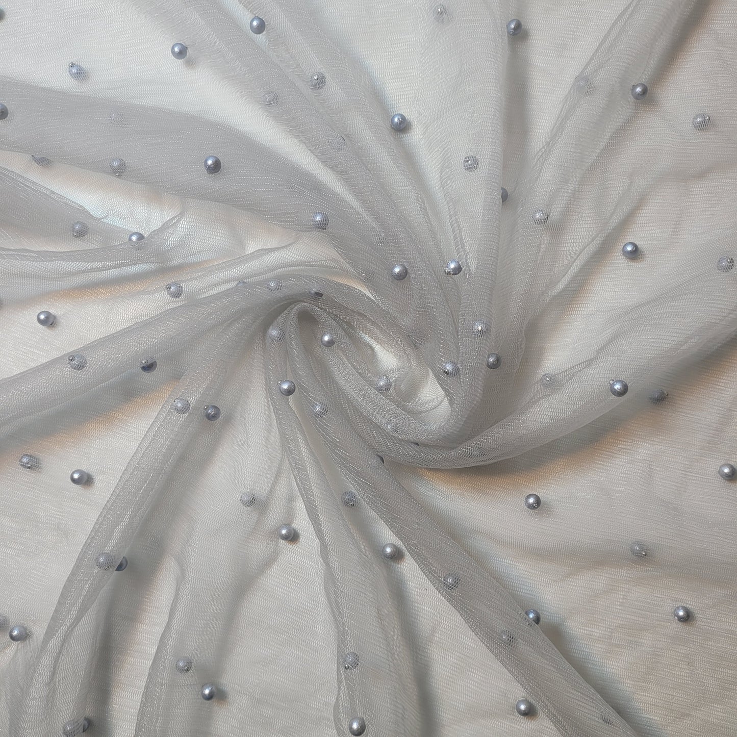 Silver Grey Pearl Beaded Soft Tulle Mesh Fabric Embellished Net Material 58" Wide By The Meter