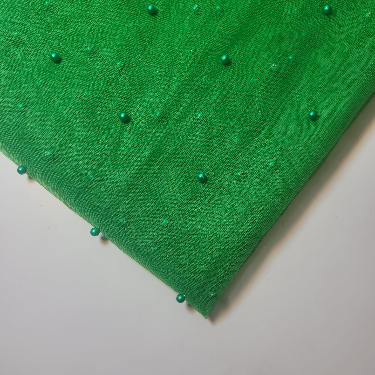 Lime Green Pearl Beaded Soft Tulle Mesh Fabric Embellished Net Material 58" Wide By The Meter