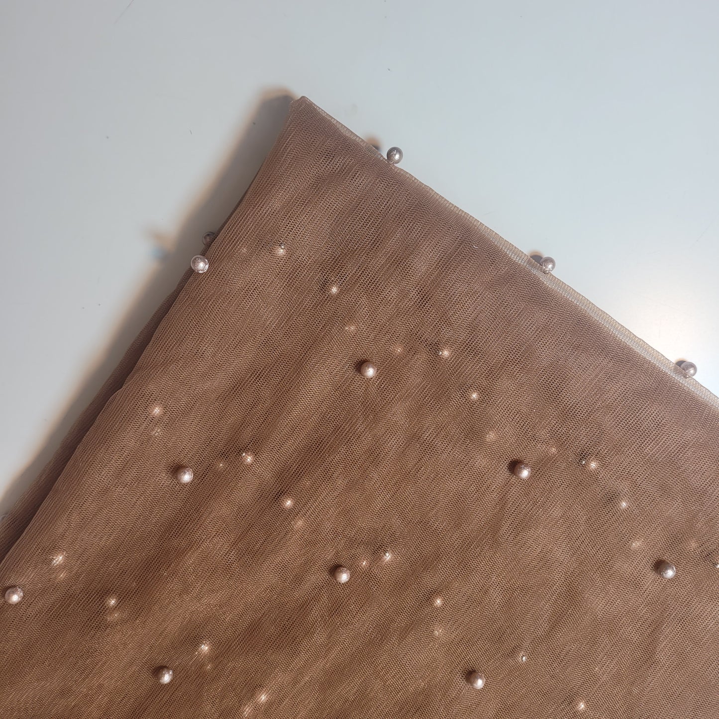 Taupe Brown Pearl Beaded Soft Tulle Mesh Fabric Embellished Net Material 58" Wide By The Meter