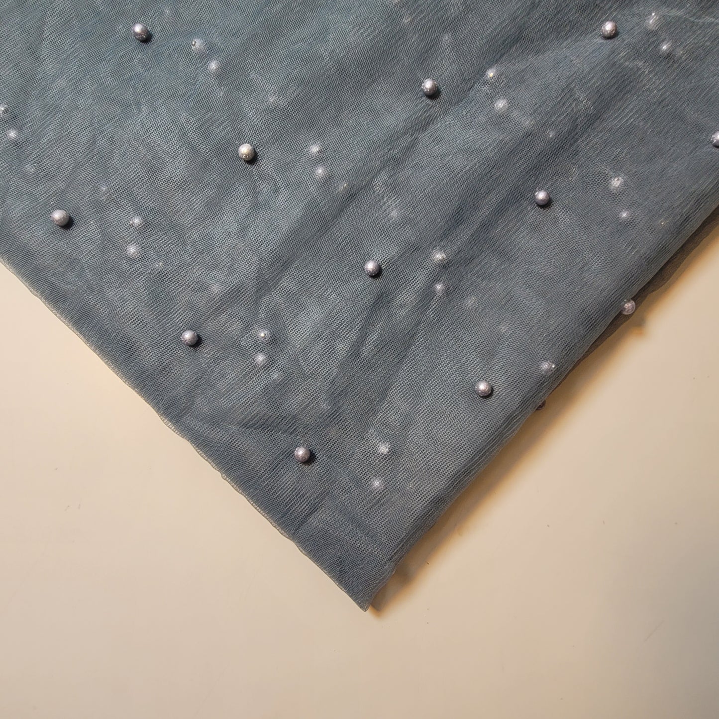 Slate Grey Pearl Beaded Soft Tulle Mesh Fabric Embellished Net Material 58" Wide By The Meter