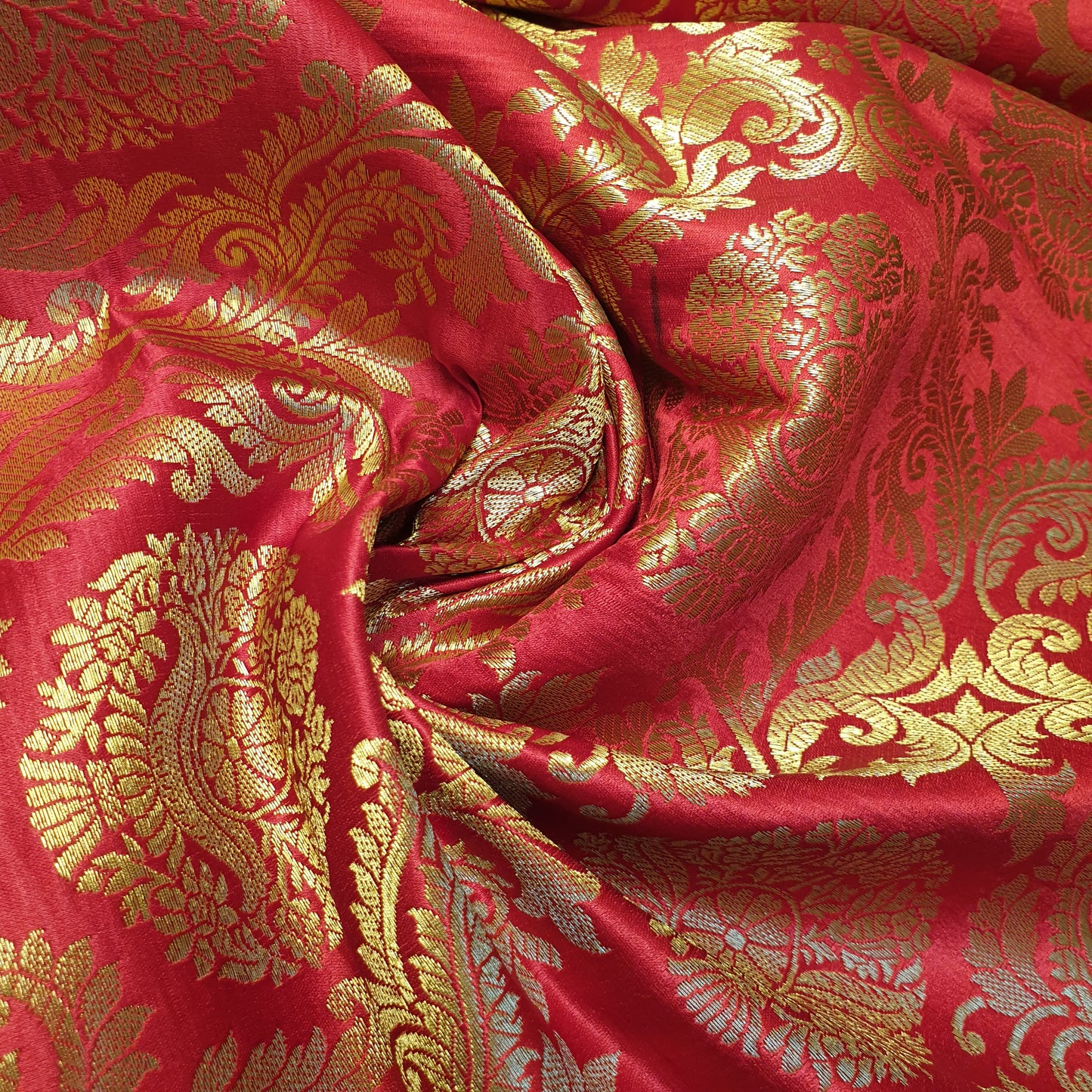 Red Banarasi Brocade Fabric with Gold Floral Zari Work Dress Craft Costume Upholstery Material 44" By The Meter