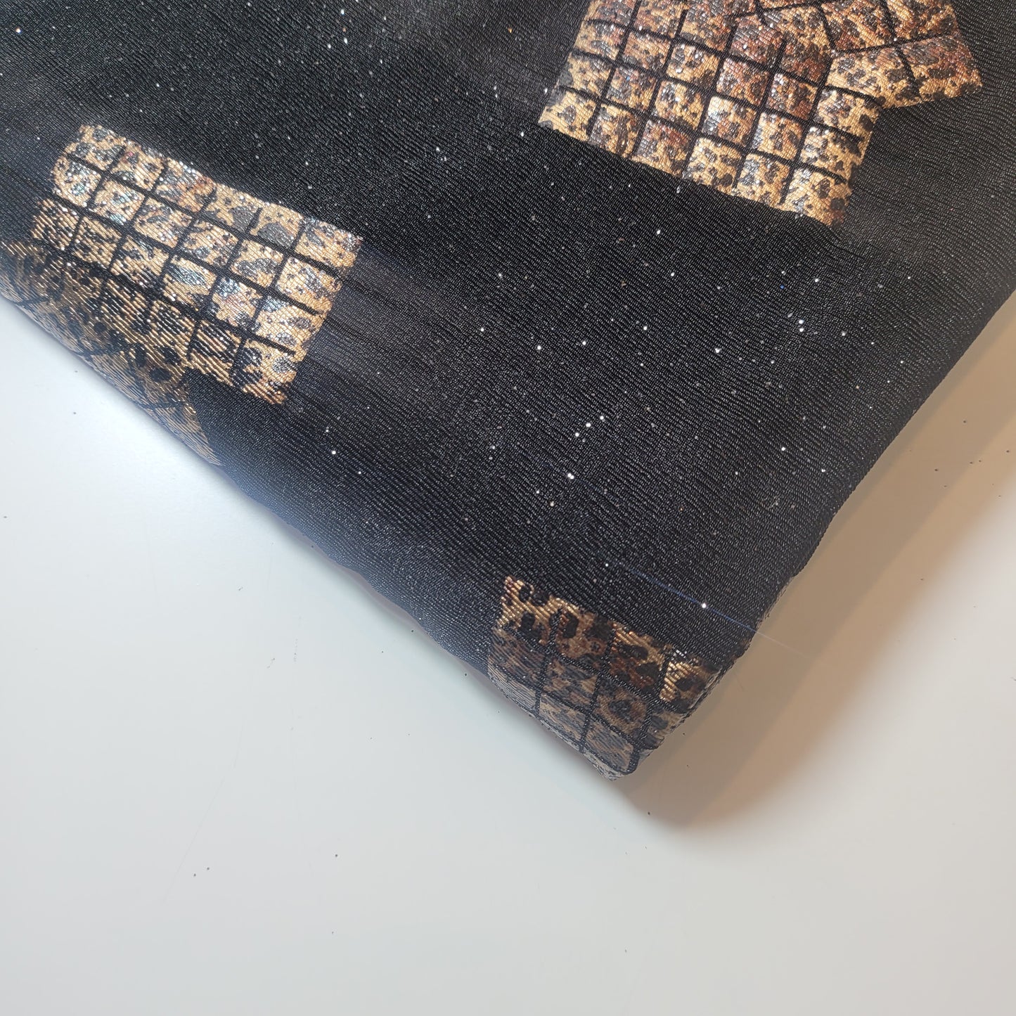 Black Leopard Foil Polyester Mesh Elastane Blend Dress Material 58" By The Meter