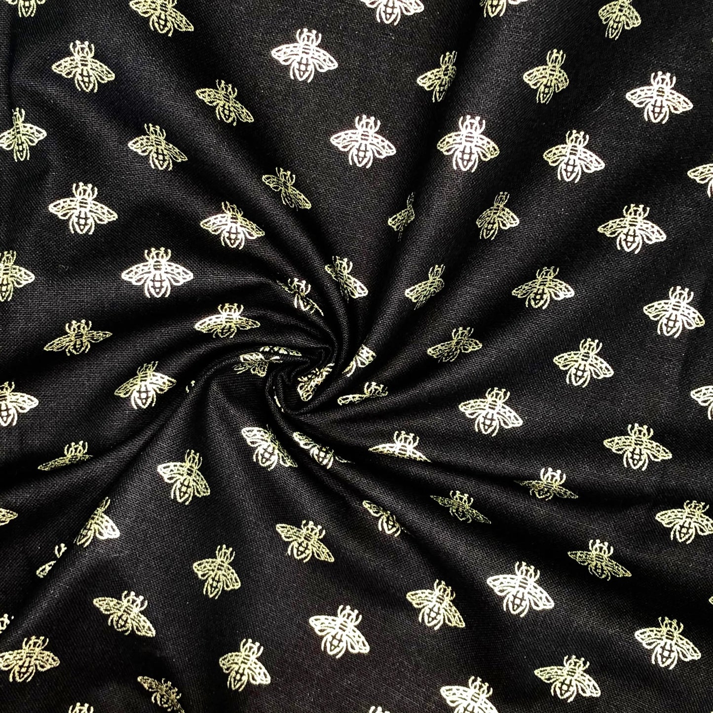 100% Cotton Panama Fabric | Black Background Metallic Bee Print 55" (140cm) Wide Craft & Upholstery Fabric – Sold by the Meter