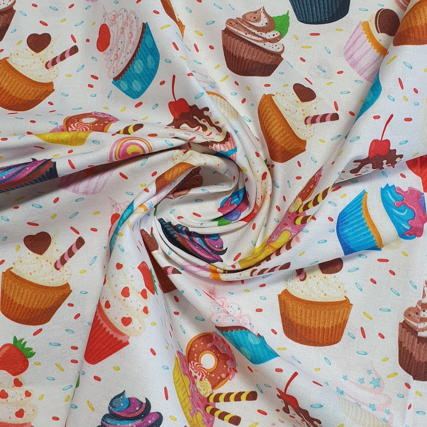Cup Cakes 100% Cotton fabric Sweets Fruits, Treats & Macarons 44” wide perfect for Quilting, Crafts, Kidswear