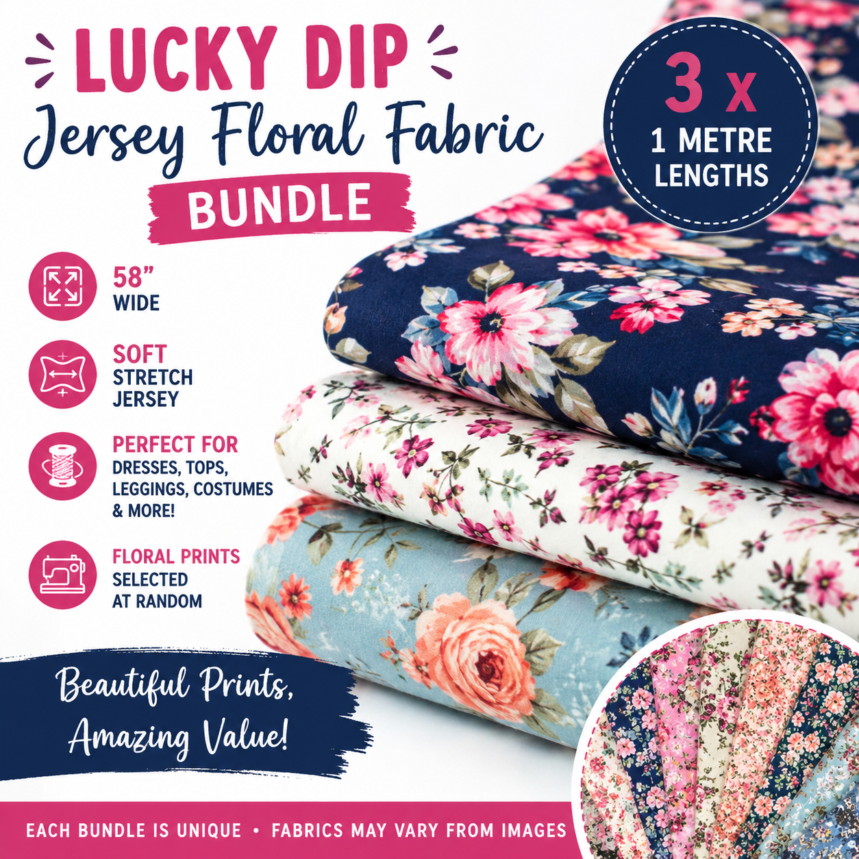 * Lucky Dip 3 x 1 Meters * Jersey Floral Fabric Printed Dress Costume Material 58"