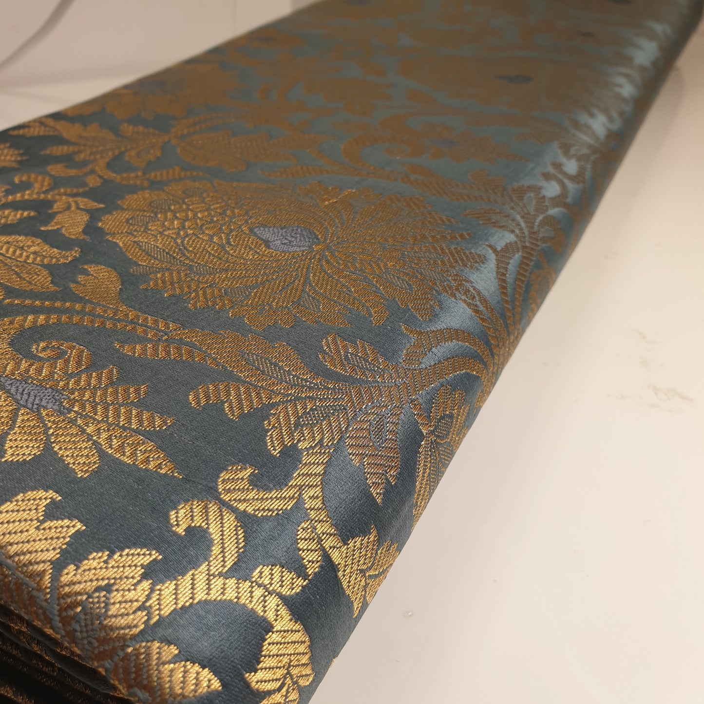 Duck Egg Banarasi Brocade Fabric with Gold Zari Floral Design | Premium Indian Jacquard Material By Meter 44"
